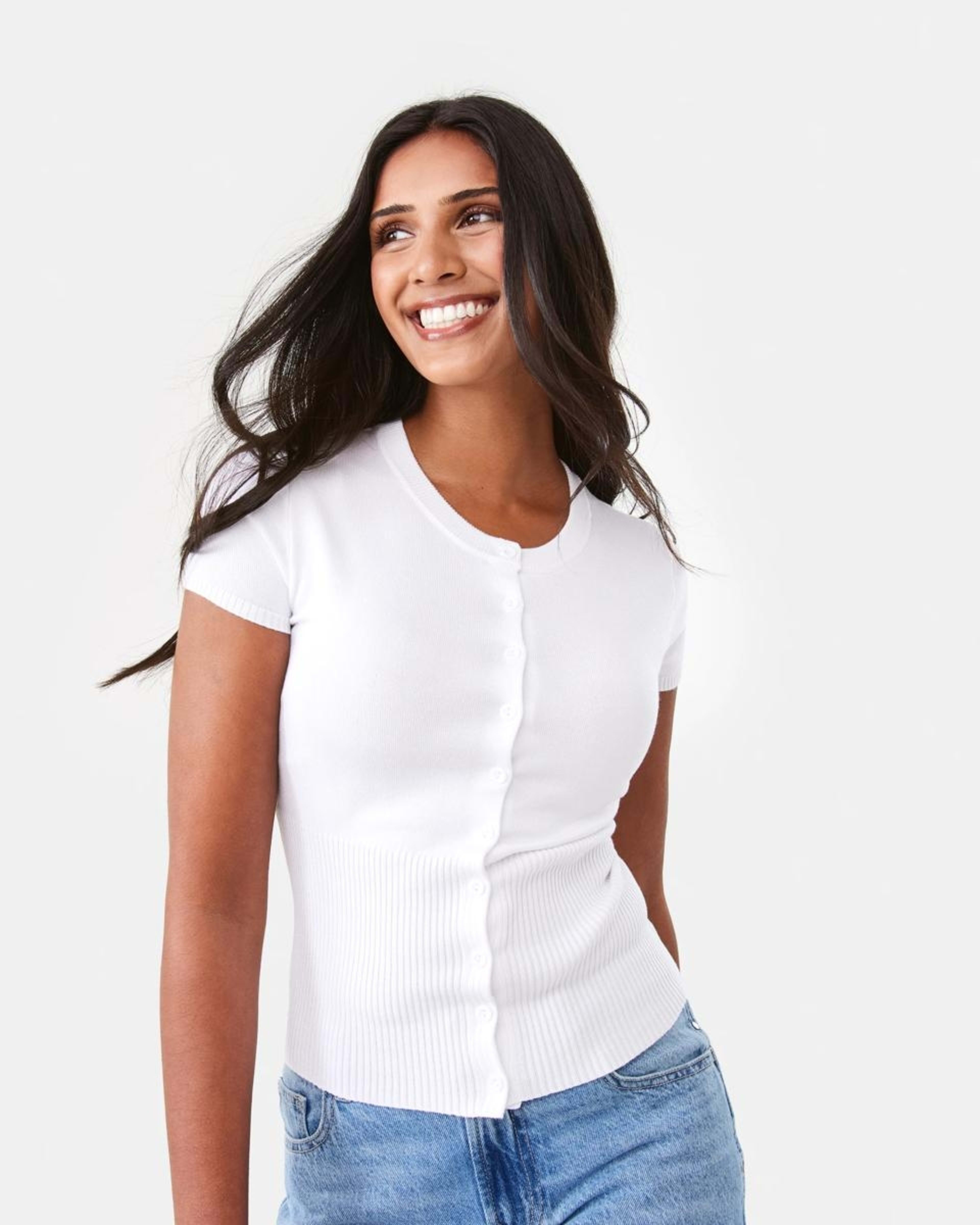 1 Short Sleeve Longline Button Up Top White