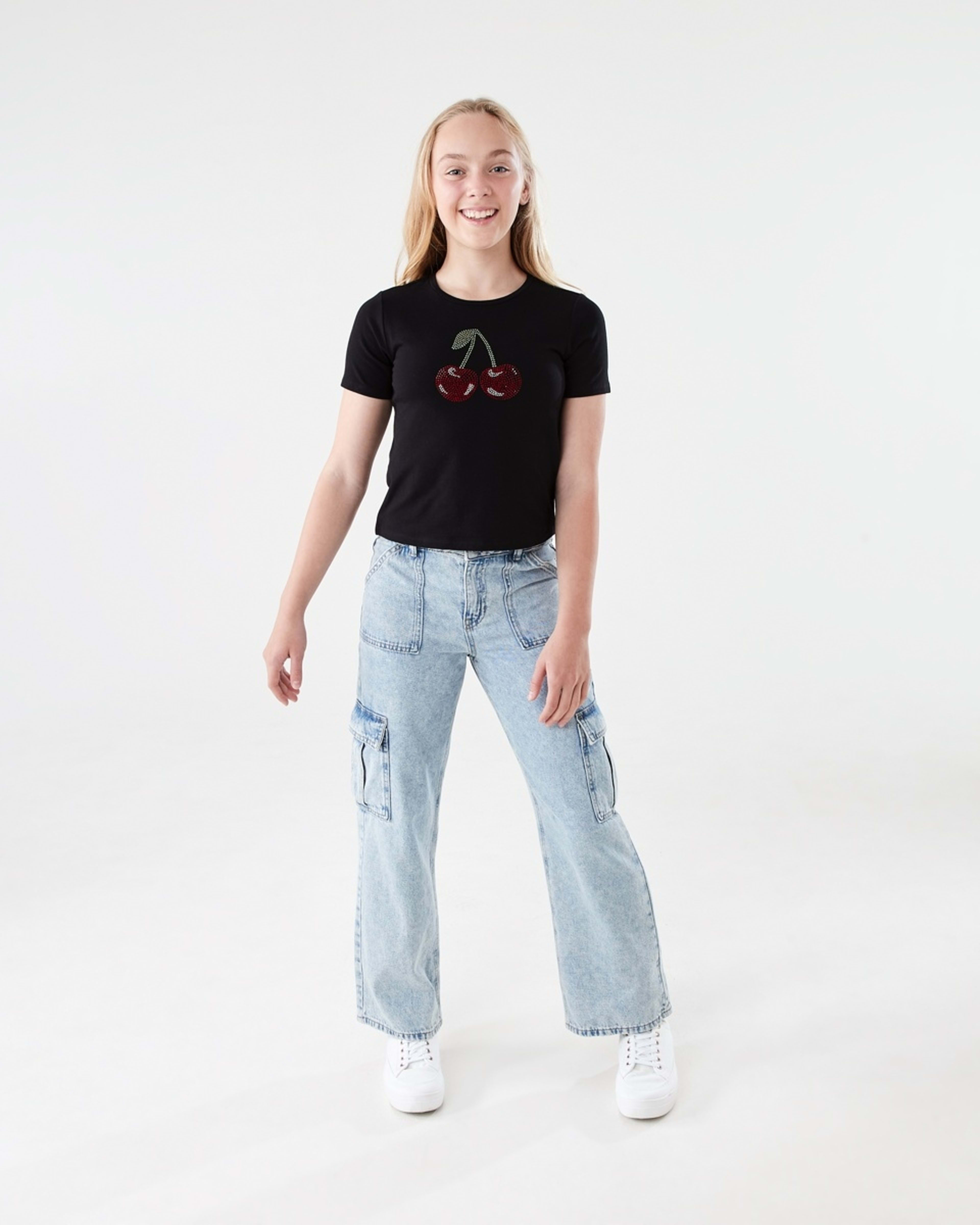 5 Short Sleeve Embellished T-shirt DIAMONTE CHERRIES BLACK, 5 of 6