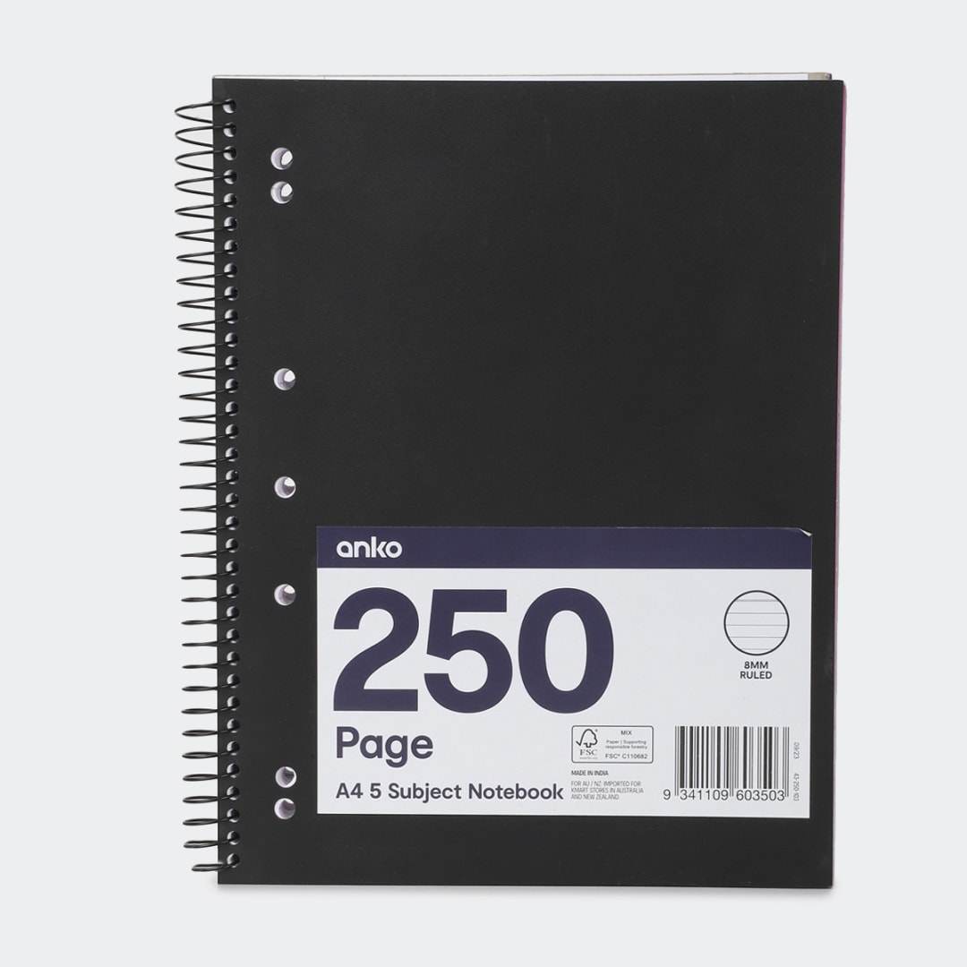250 Page A4 5 Subject Notebook Black Kmart