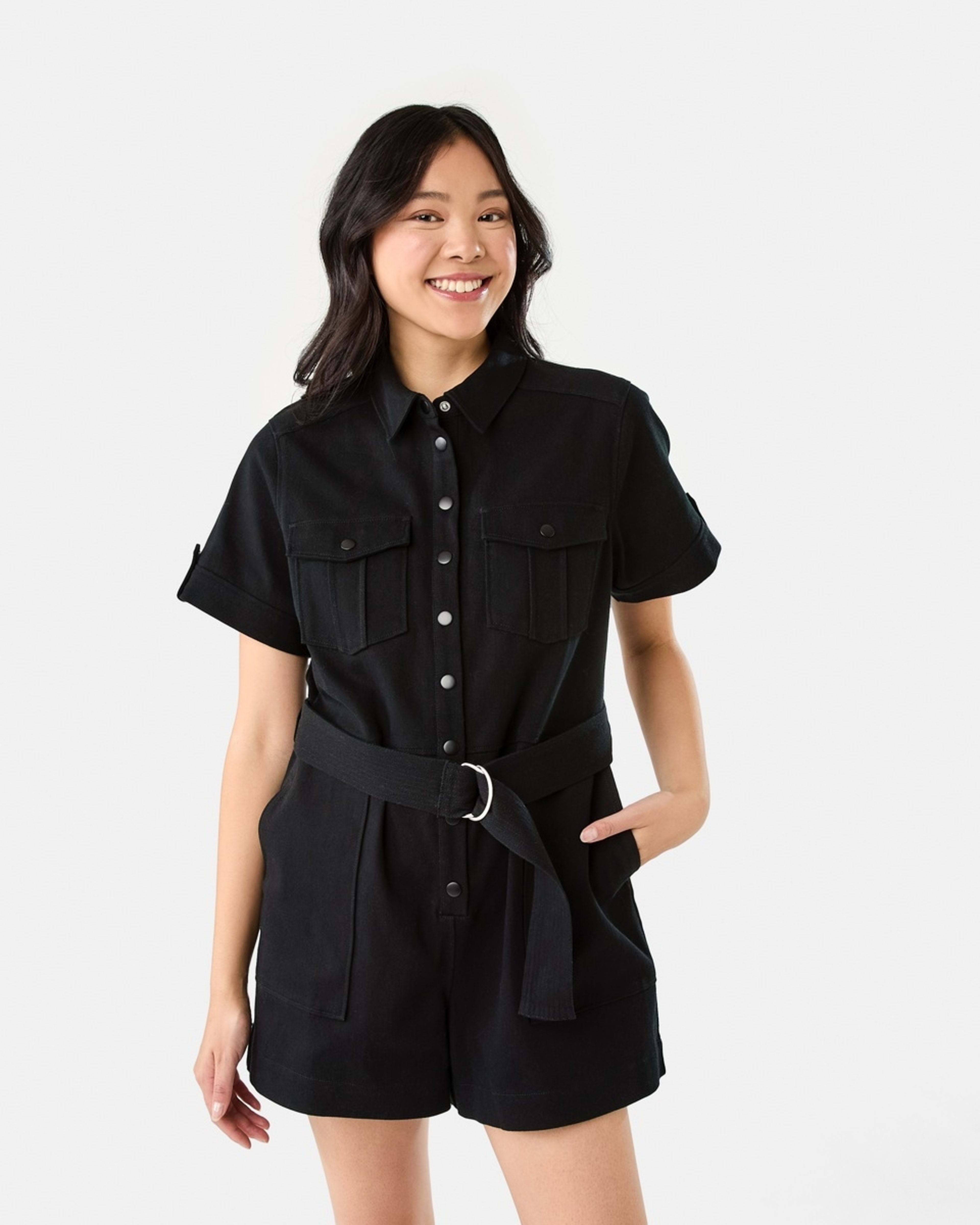1 Short Sleeve Belted Playsuit BLACK, 1 of 11