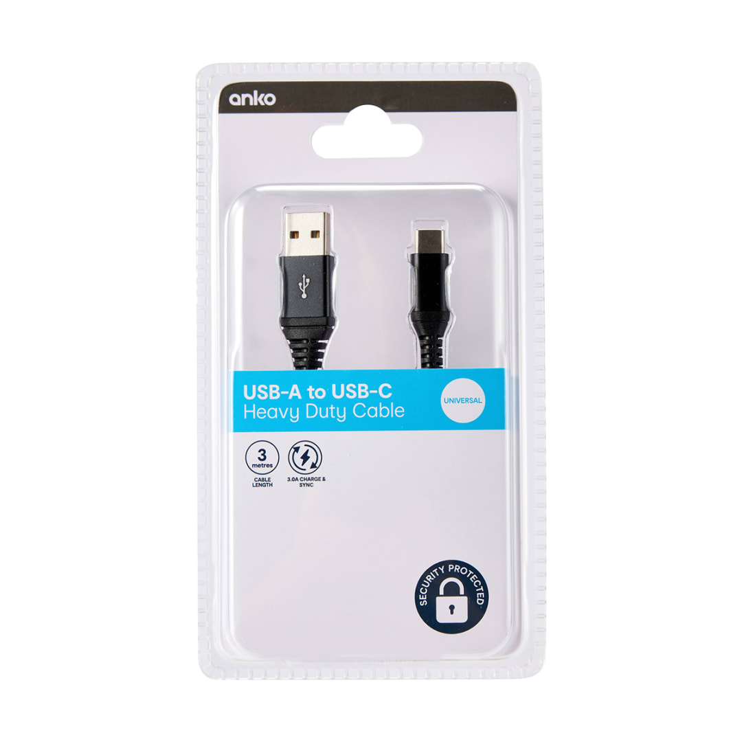 USBC Heavy Duty Cable 3m Black Kmart