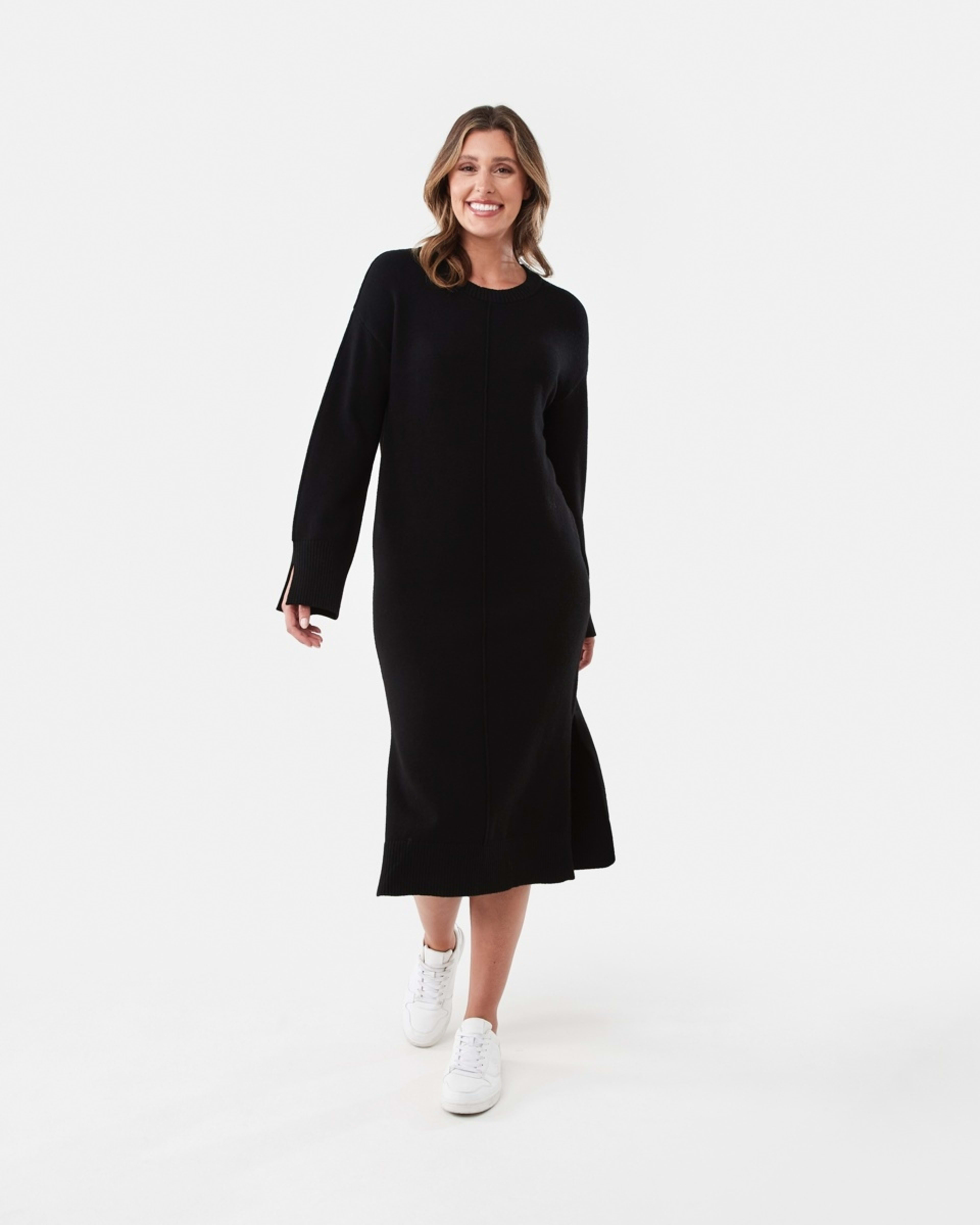 1 Long Sleeve Crew Neck Seam Detail True Knit Midi Dress Black
