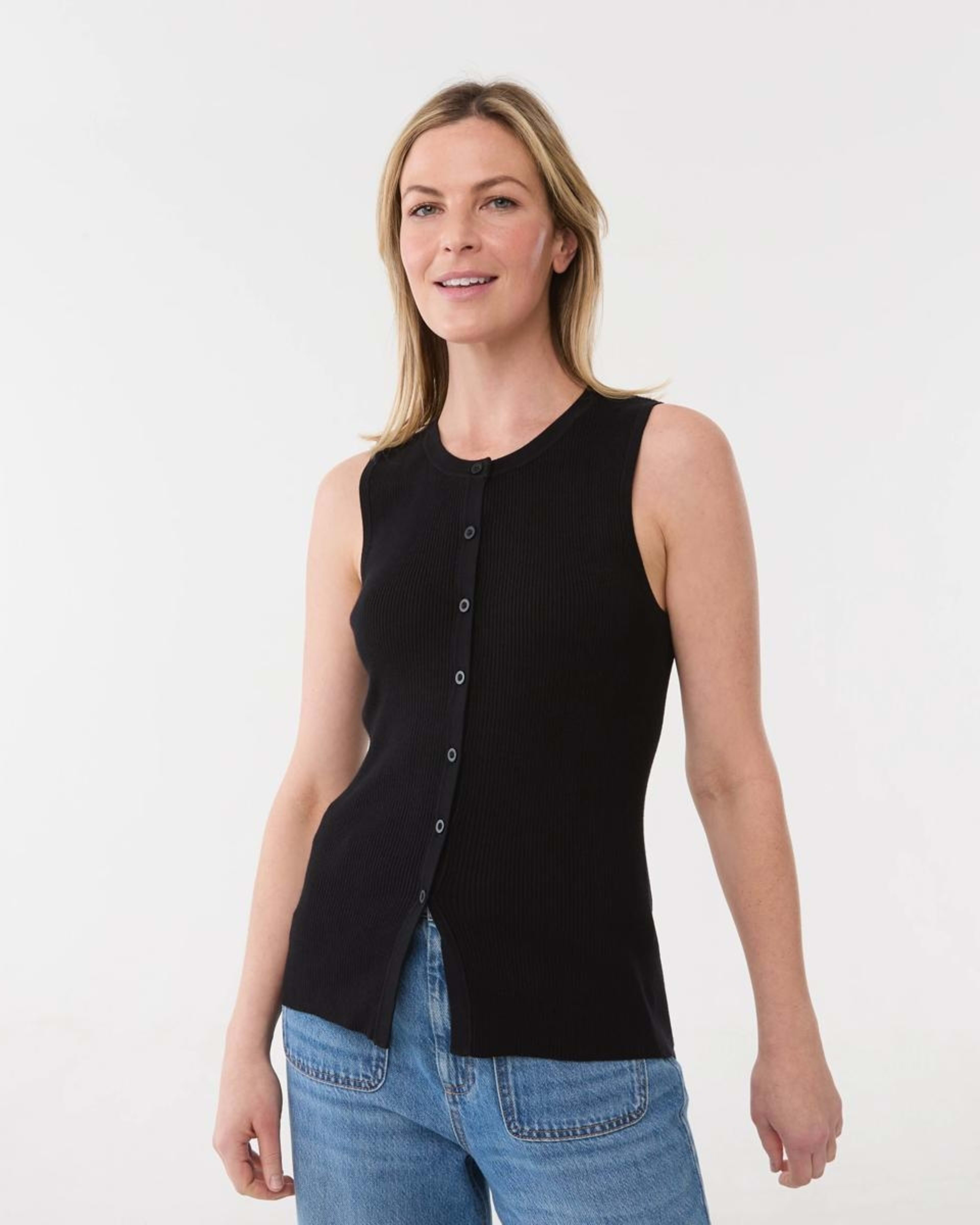 1 Sleeveless Rib Button Tank BLACK