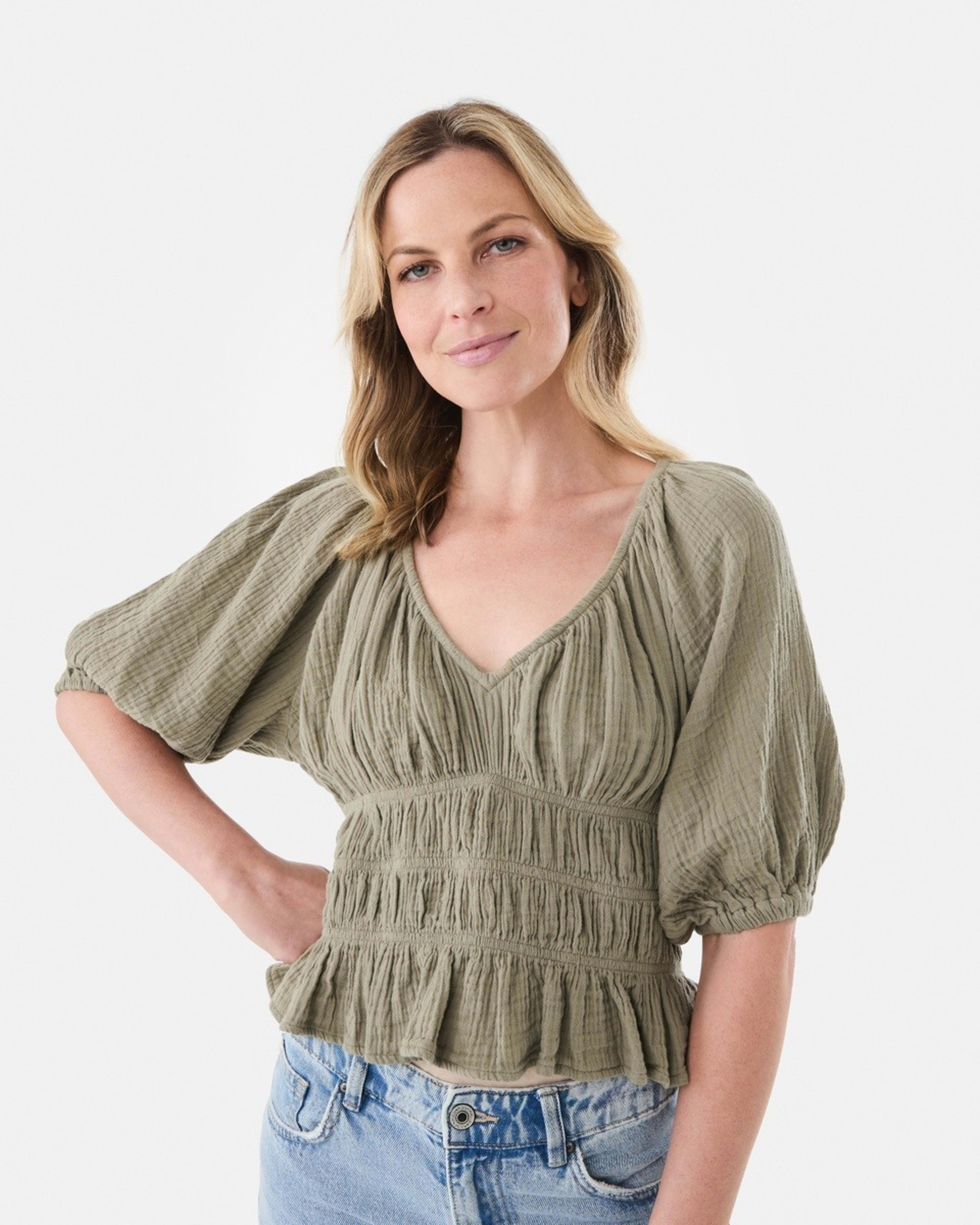 1 Short Sleeve Ruched Peplum Top Pave Grey, 1 of 6