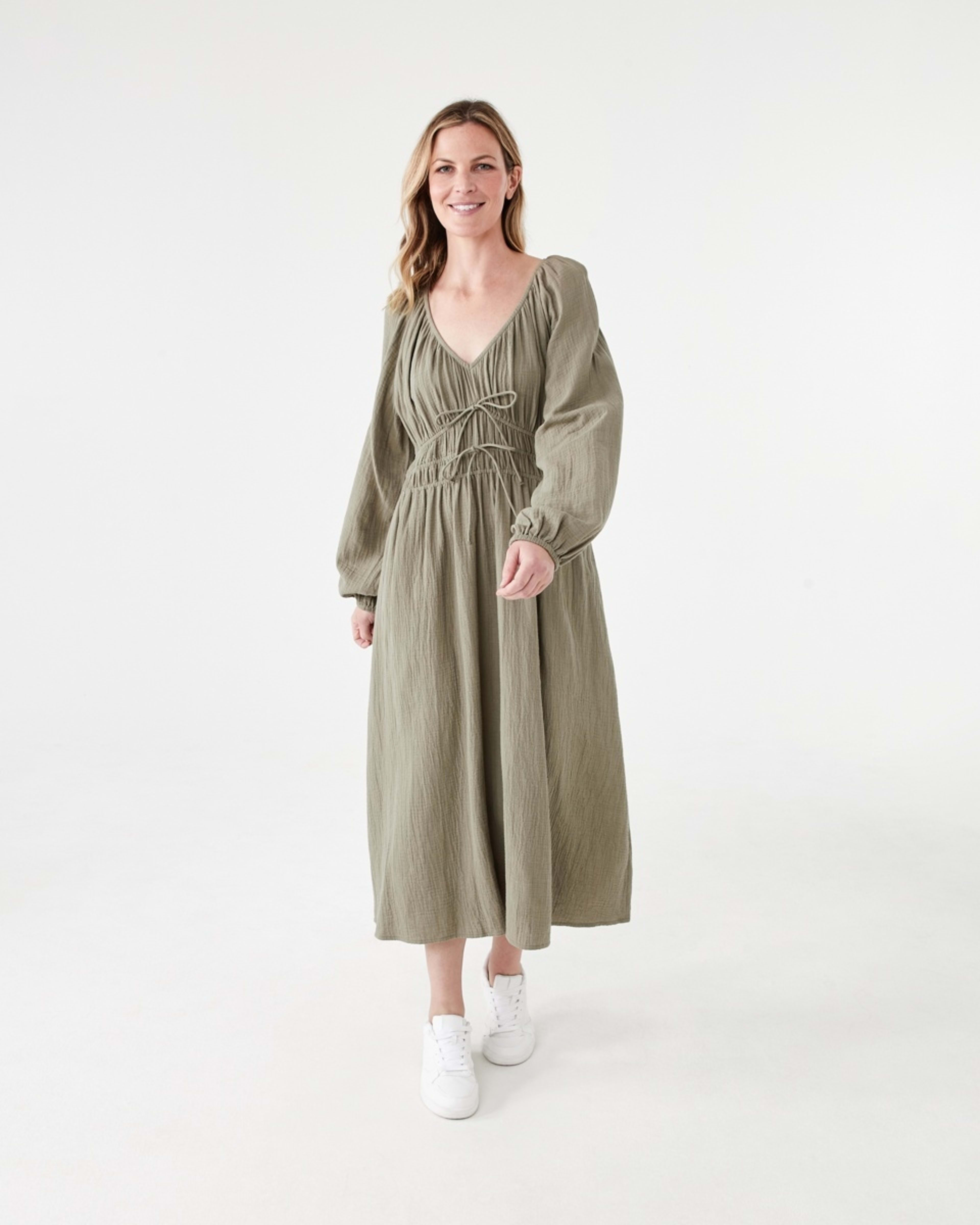 1 Long Sleeve Shirred Detail Midi Dress PAVEMENT GREY, 1 of 6