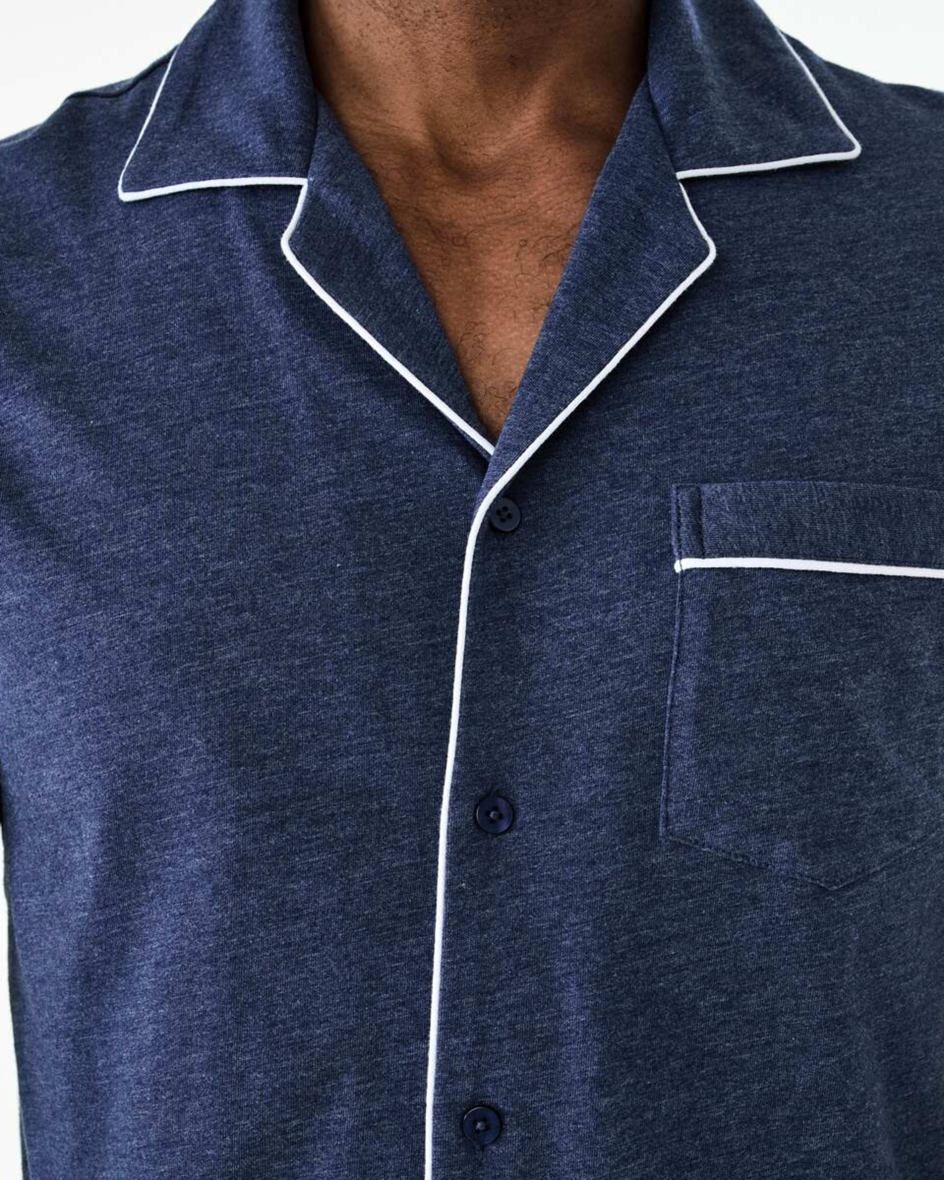 6 Short Sleeve Button Through Knit Pyjama Set NAVY MARLE, 6 of 8