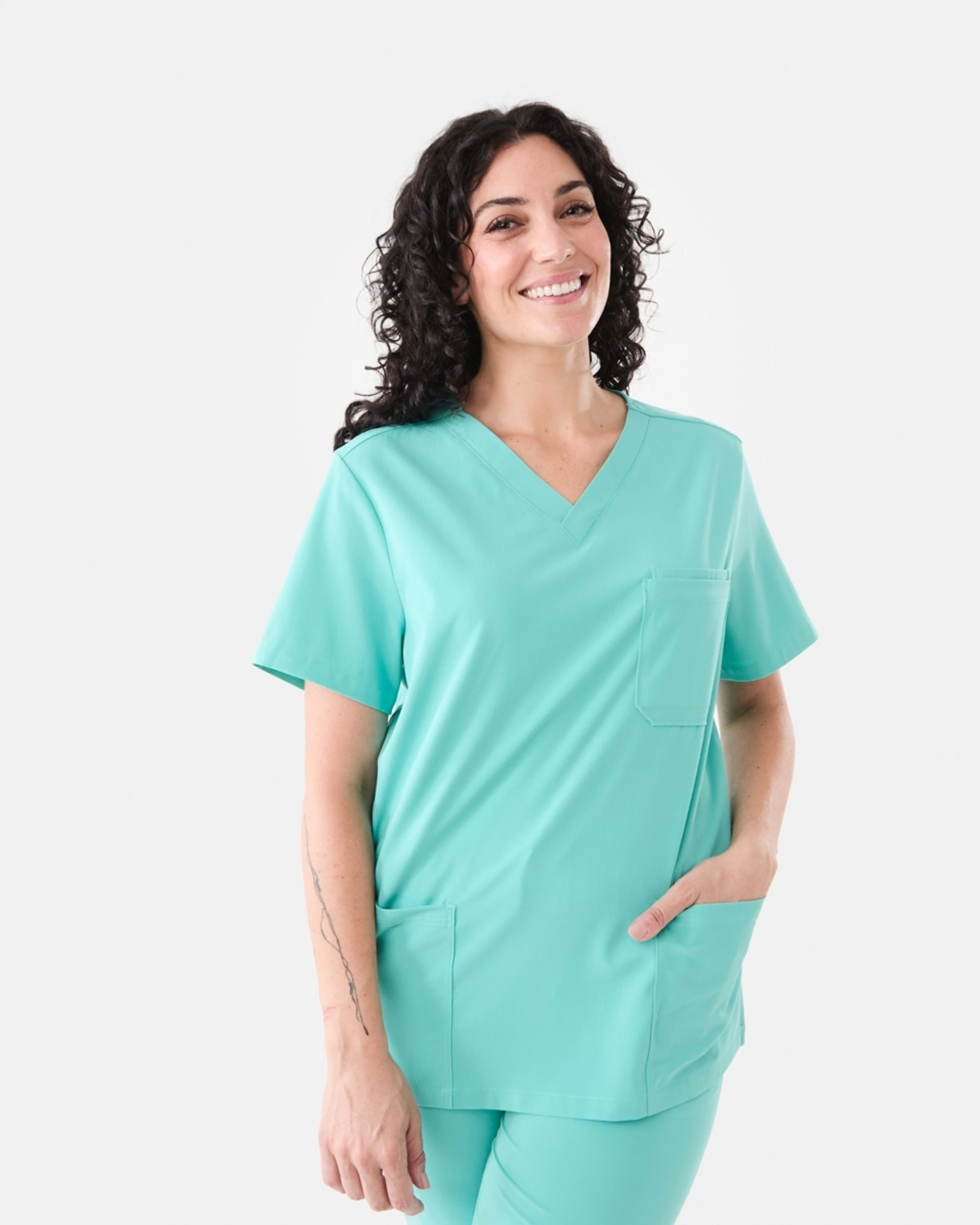 2 Work Short Sleeve Scrub Top Blue Turquoise, 2 of 10