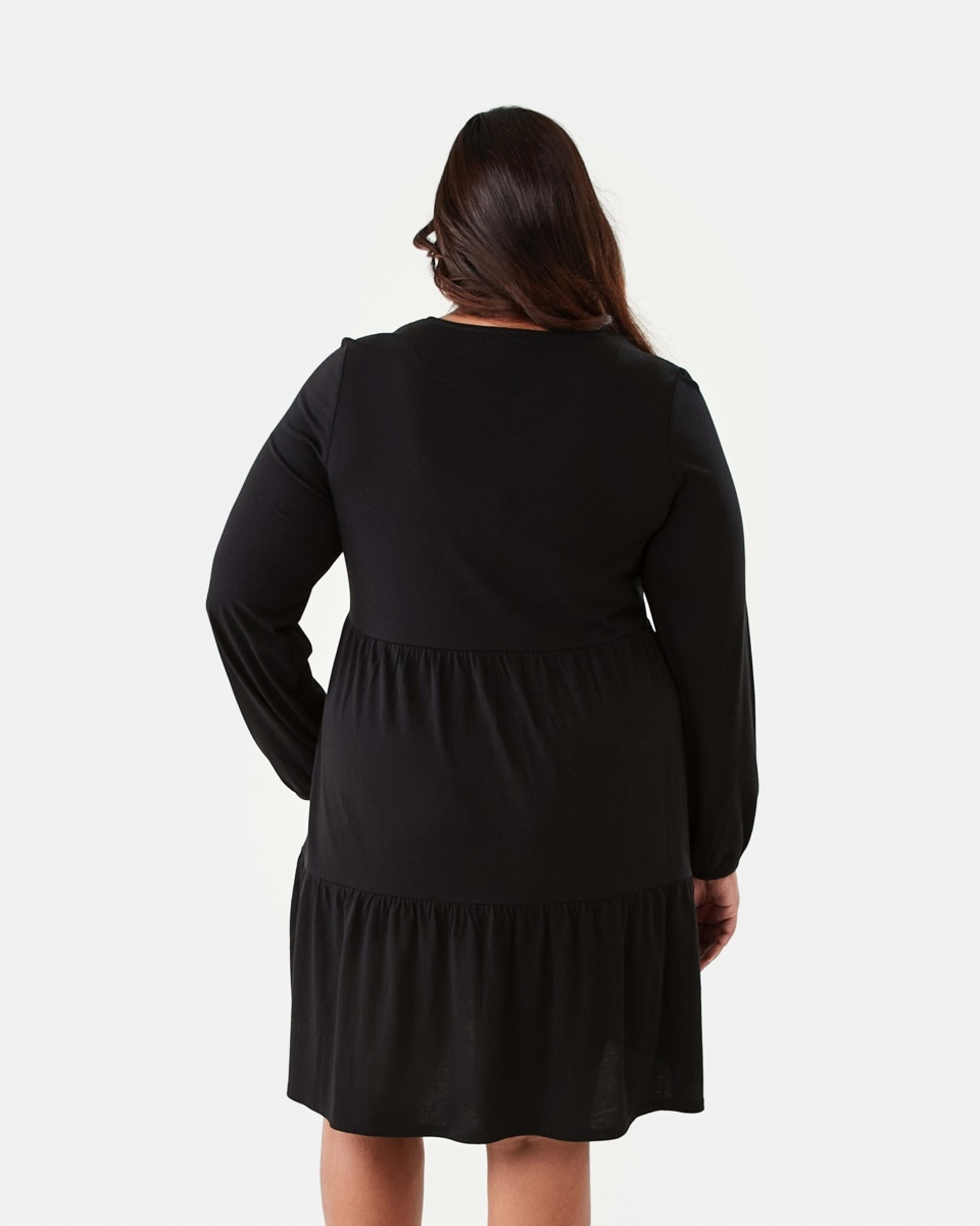 3 Curve Long Sleeve Frill Hem Dress Black, 3 of 7