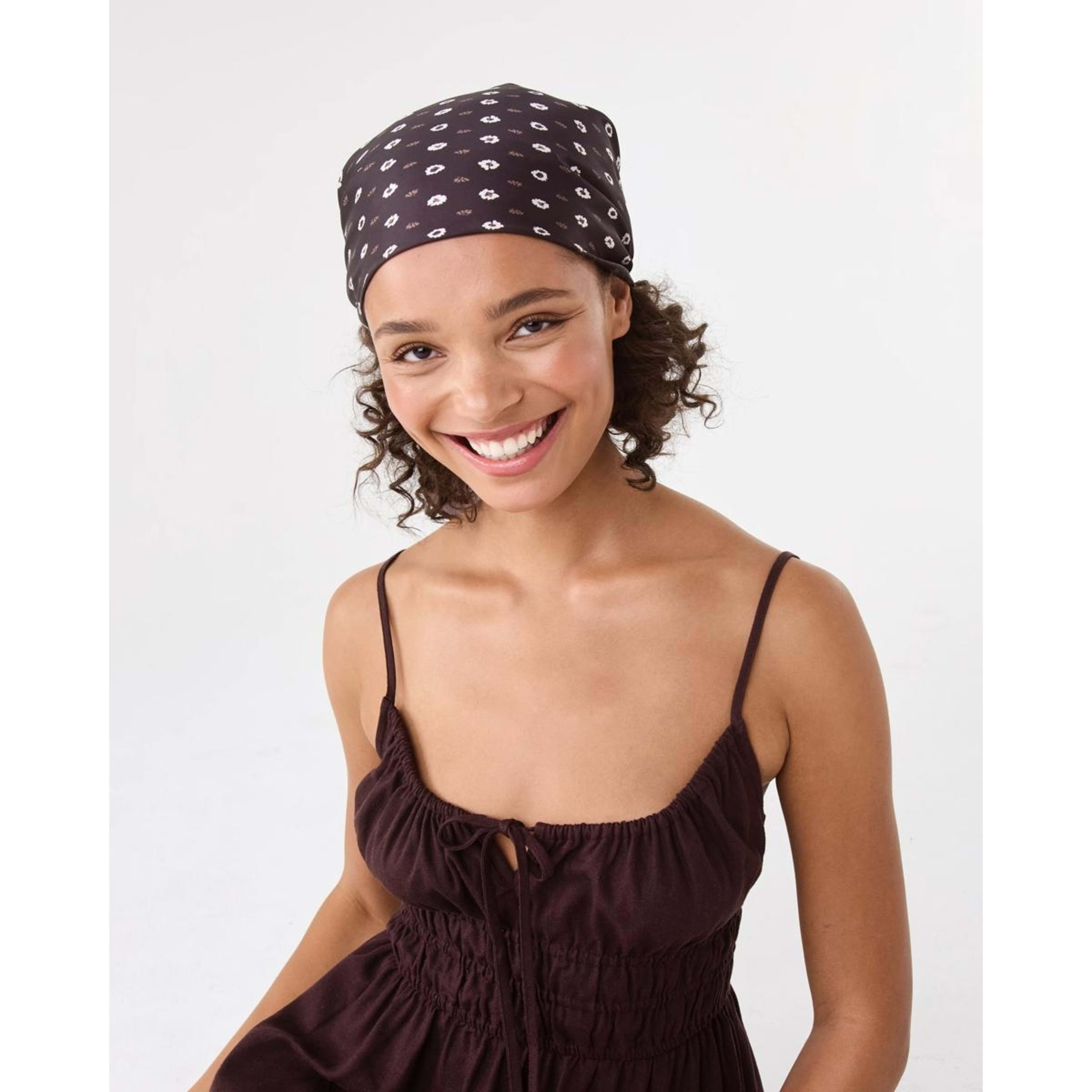 7 Ditsy Flower Print Hair Scarf - Brown, 7 of 10