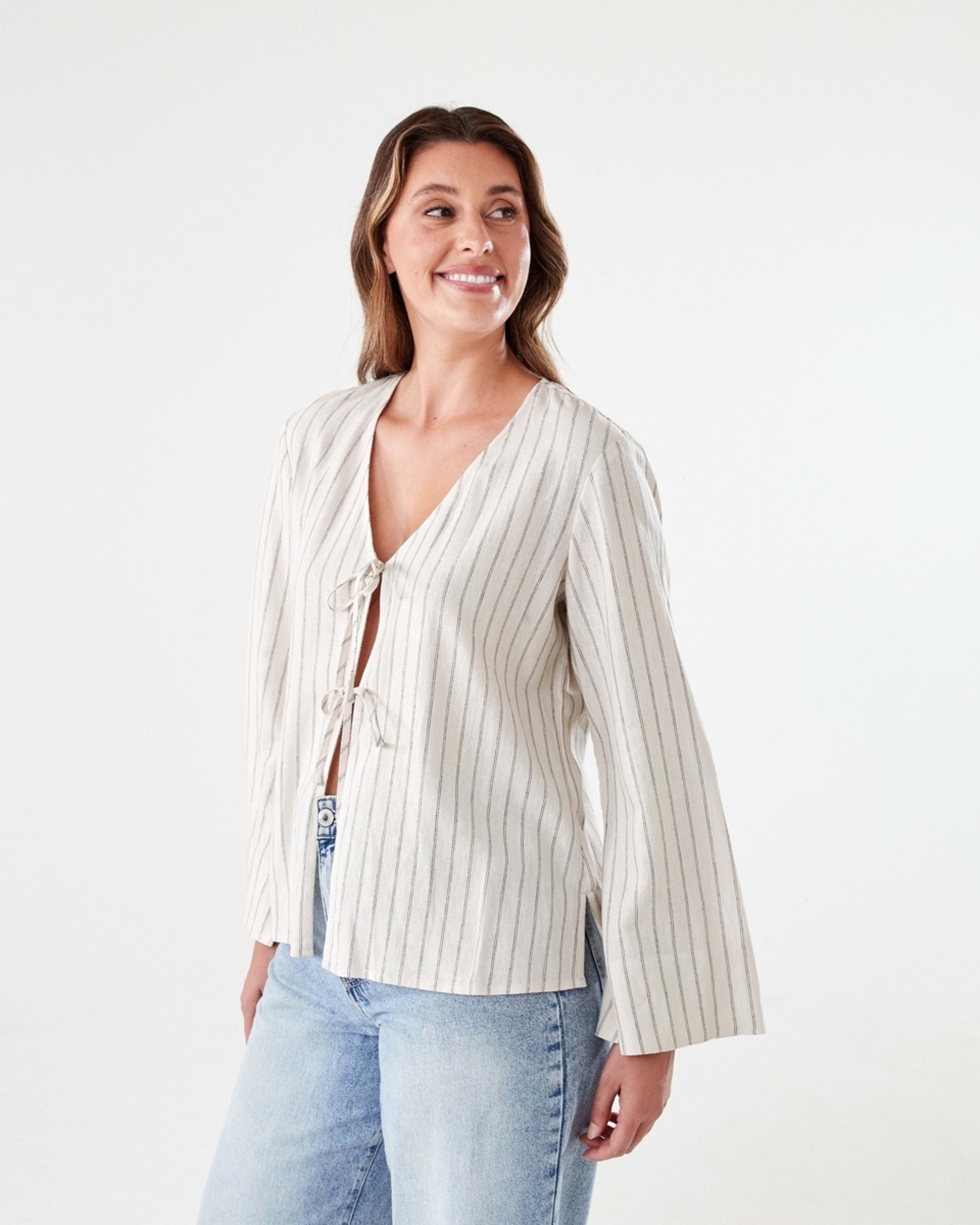 2 Long Sleeve Tie Front Linen Blend Top DOUBLE STRIPE, 2 of 5