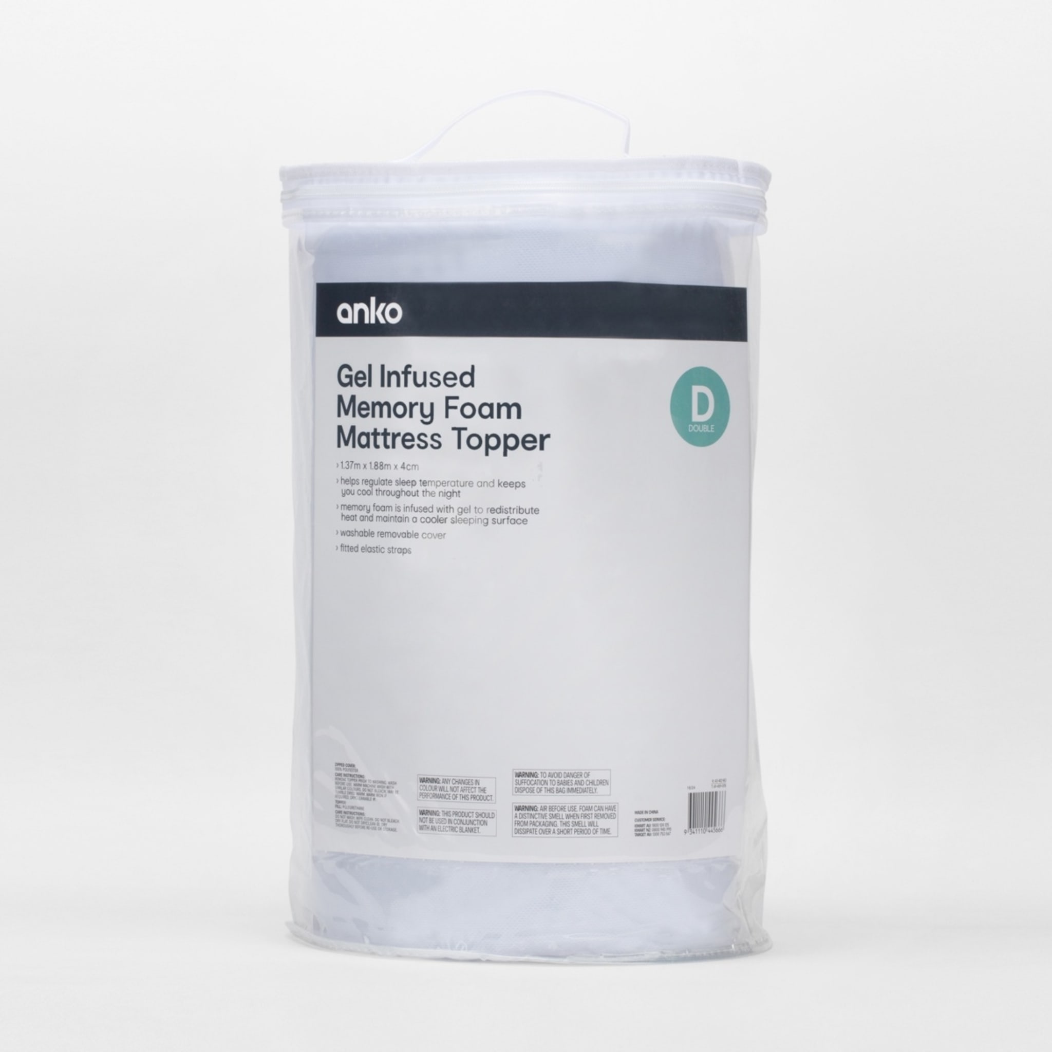 Gel Infused Memory Foam Mattress Topper Double Bed, White Kmart