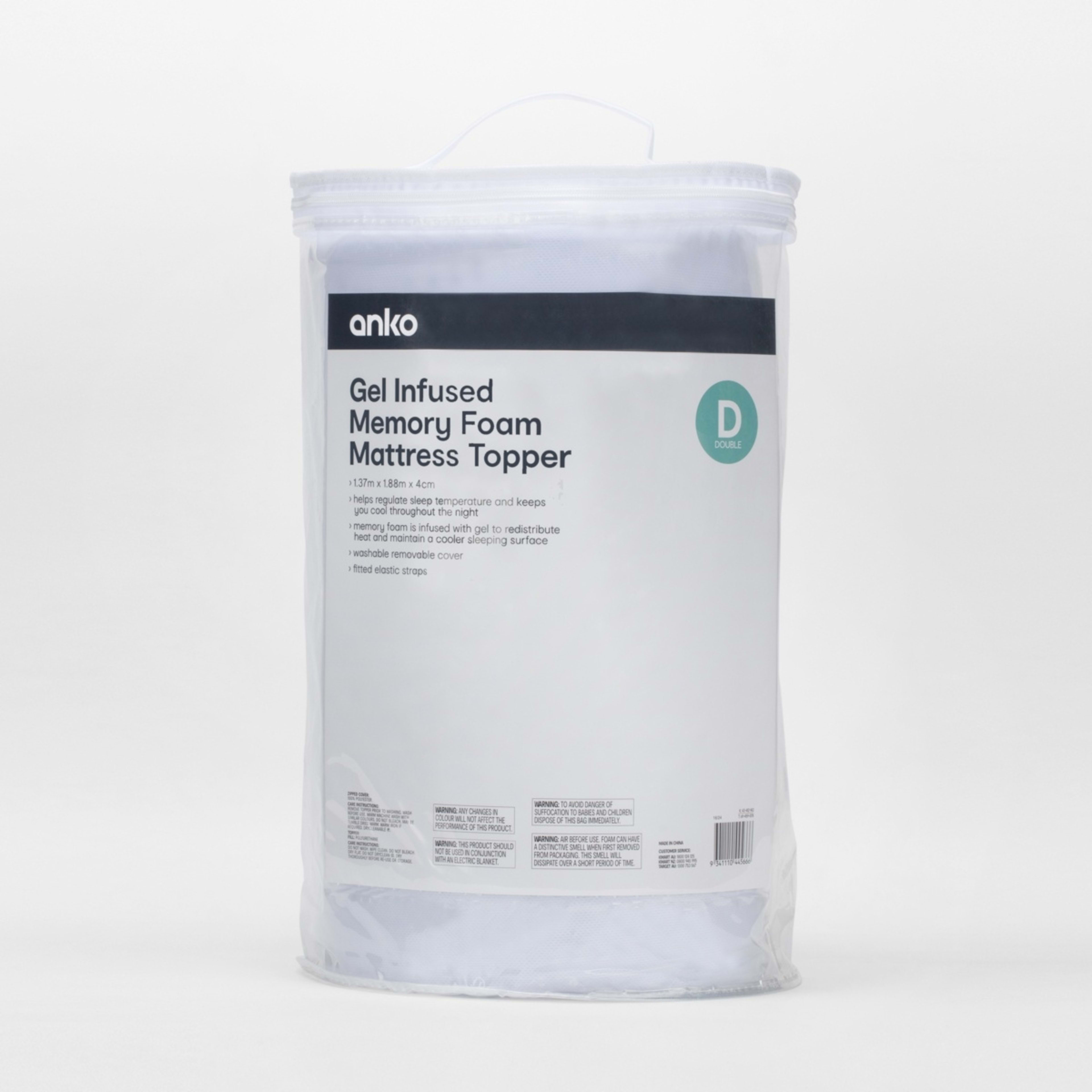 Gel Infused Memory Foam Mattress Topper Double Bed, White Kmart