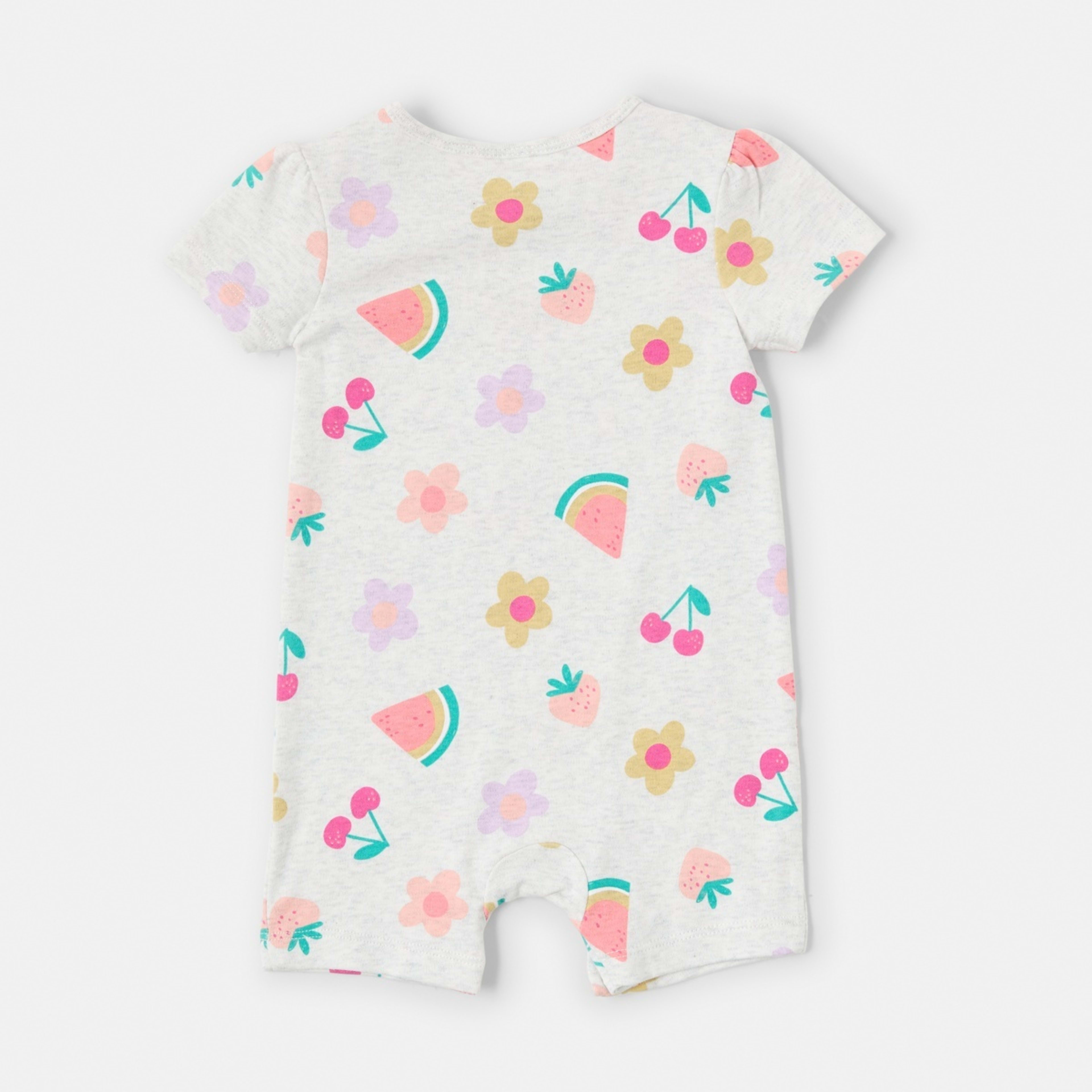 2 Short Sleeve Print Romper Flowers And Fruits White Marle, 2 of 3