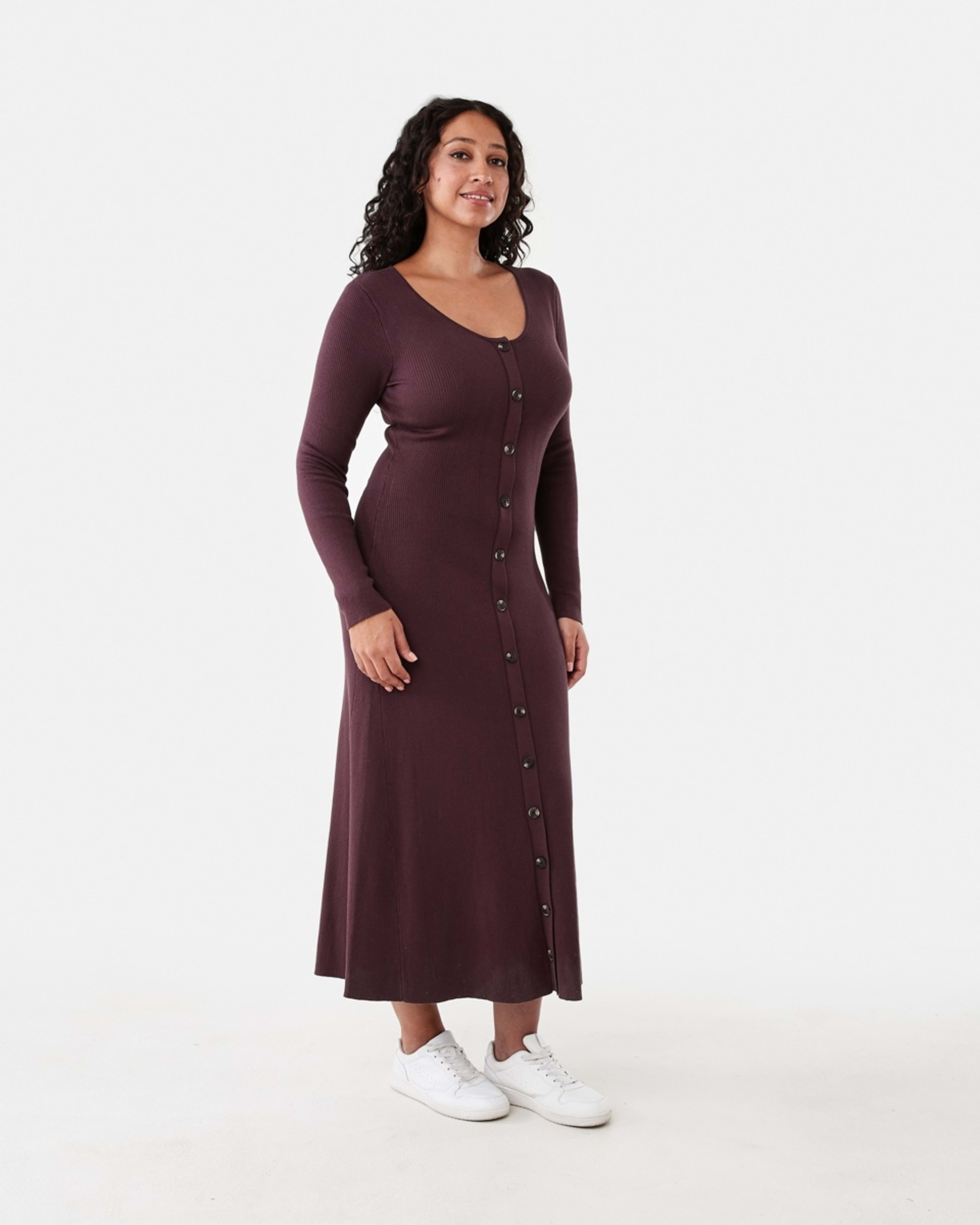 2 Long Sleeve Button Through Knit Maxi Dress Berry Marl, 2 of 6
