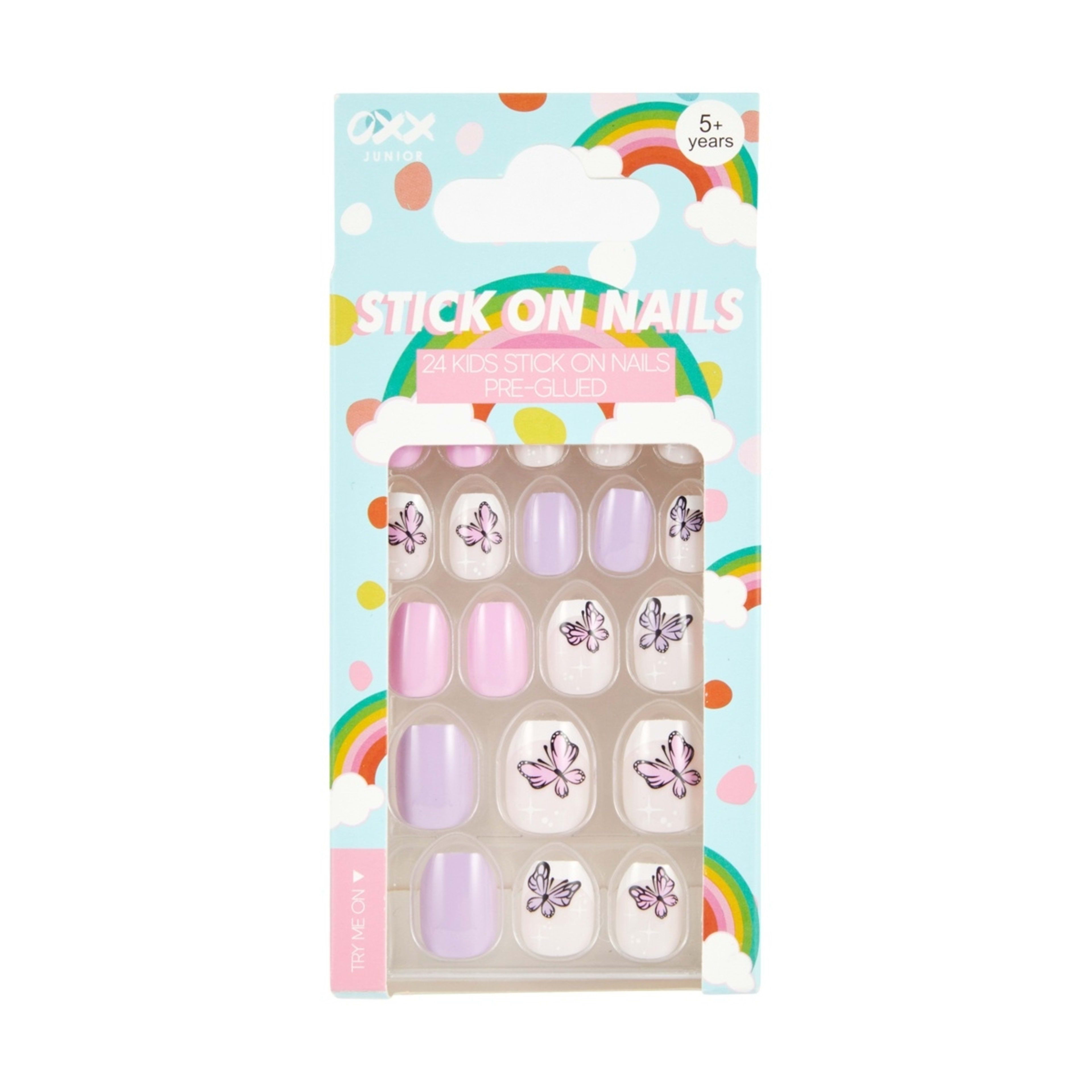1 OXX Junior 24 Pack Kids Pre-Glued Stick-On Nails - Butterflies