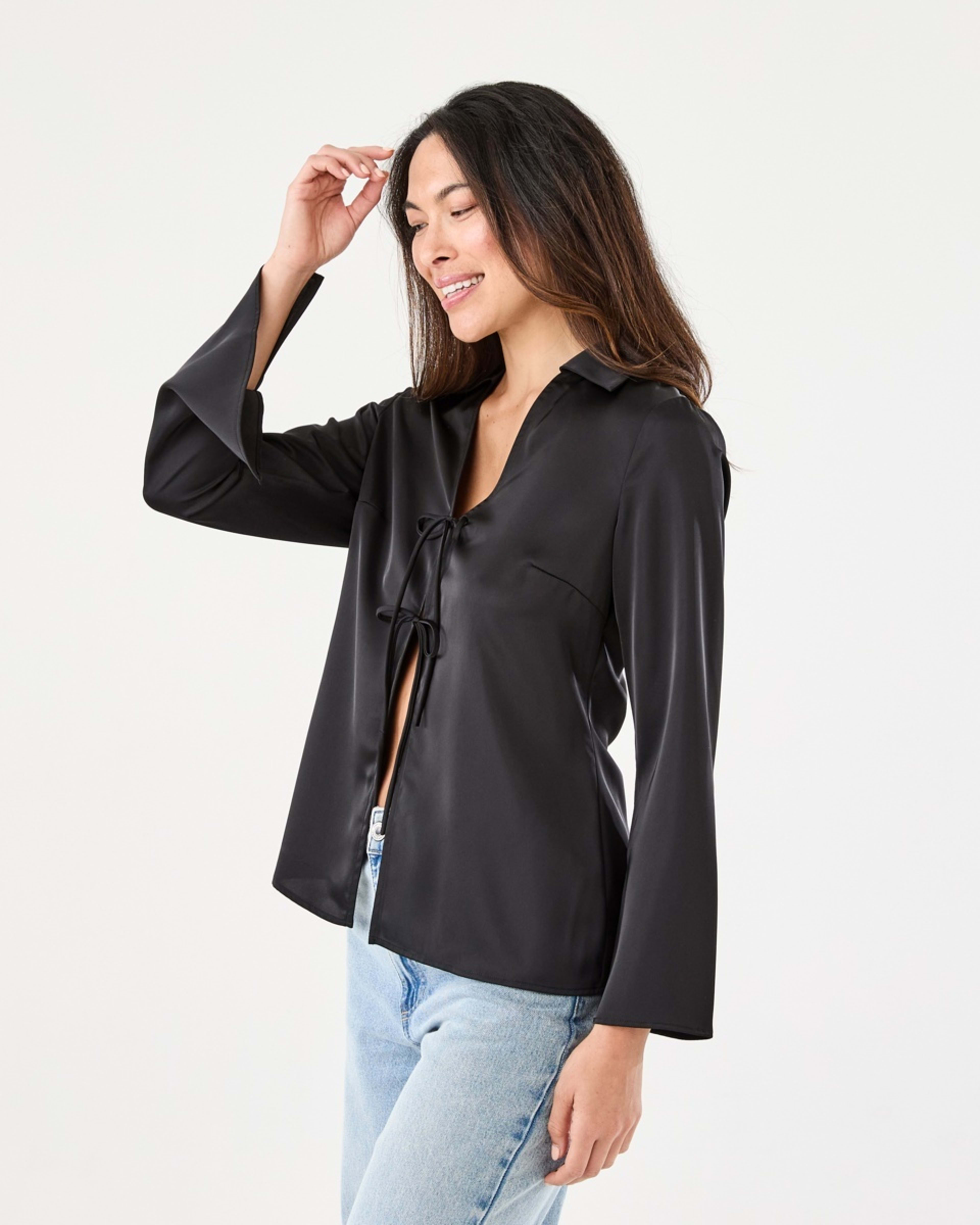 2 Long Sleeve Satin Tie Front Top Black, 2 of 7