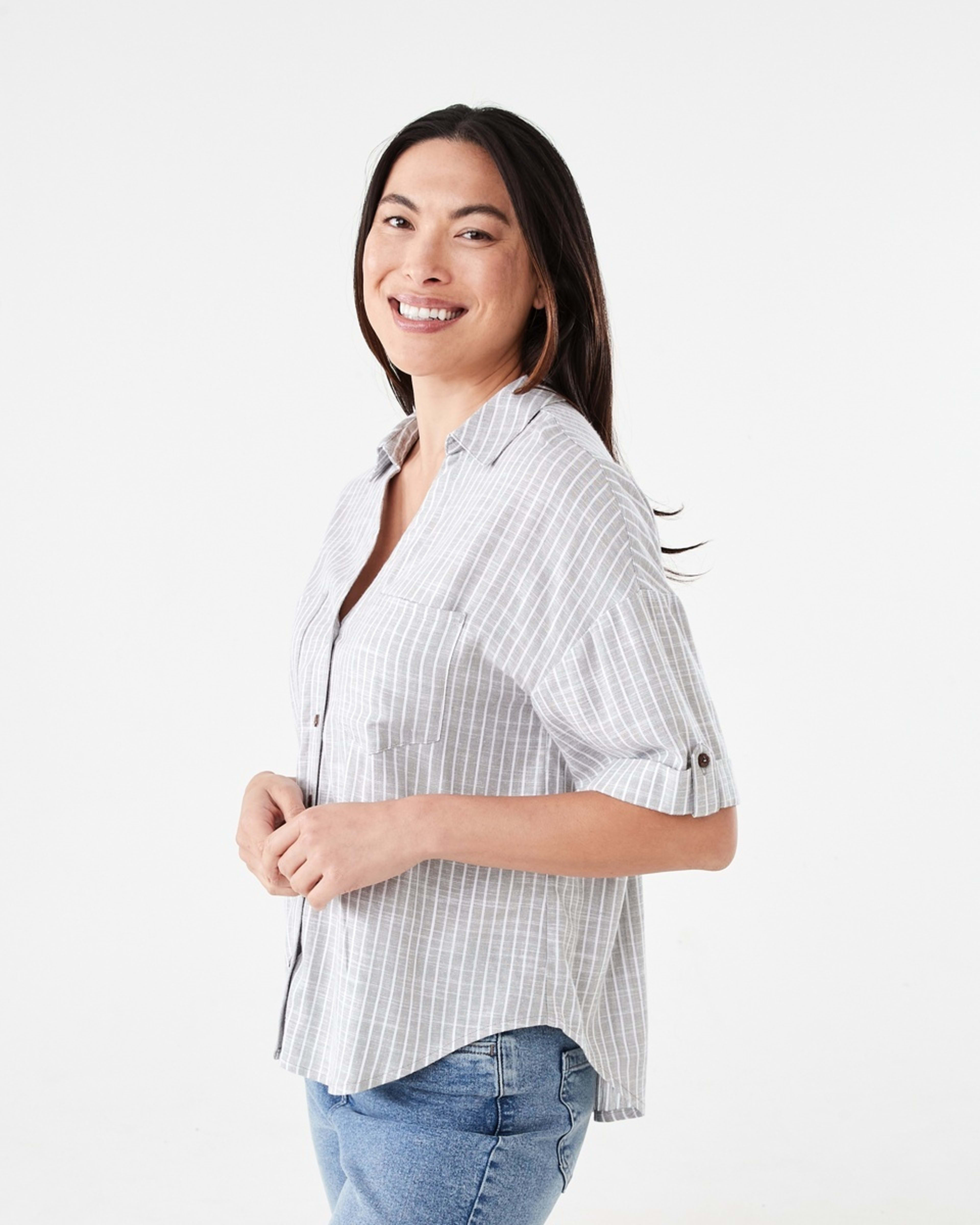 2 Short Sleeve Roll Sleeve Tab Shirt OLIVIA STRIPE LIGHT KHAKI, 2 of 6