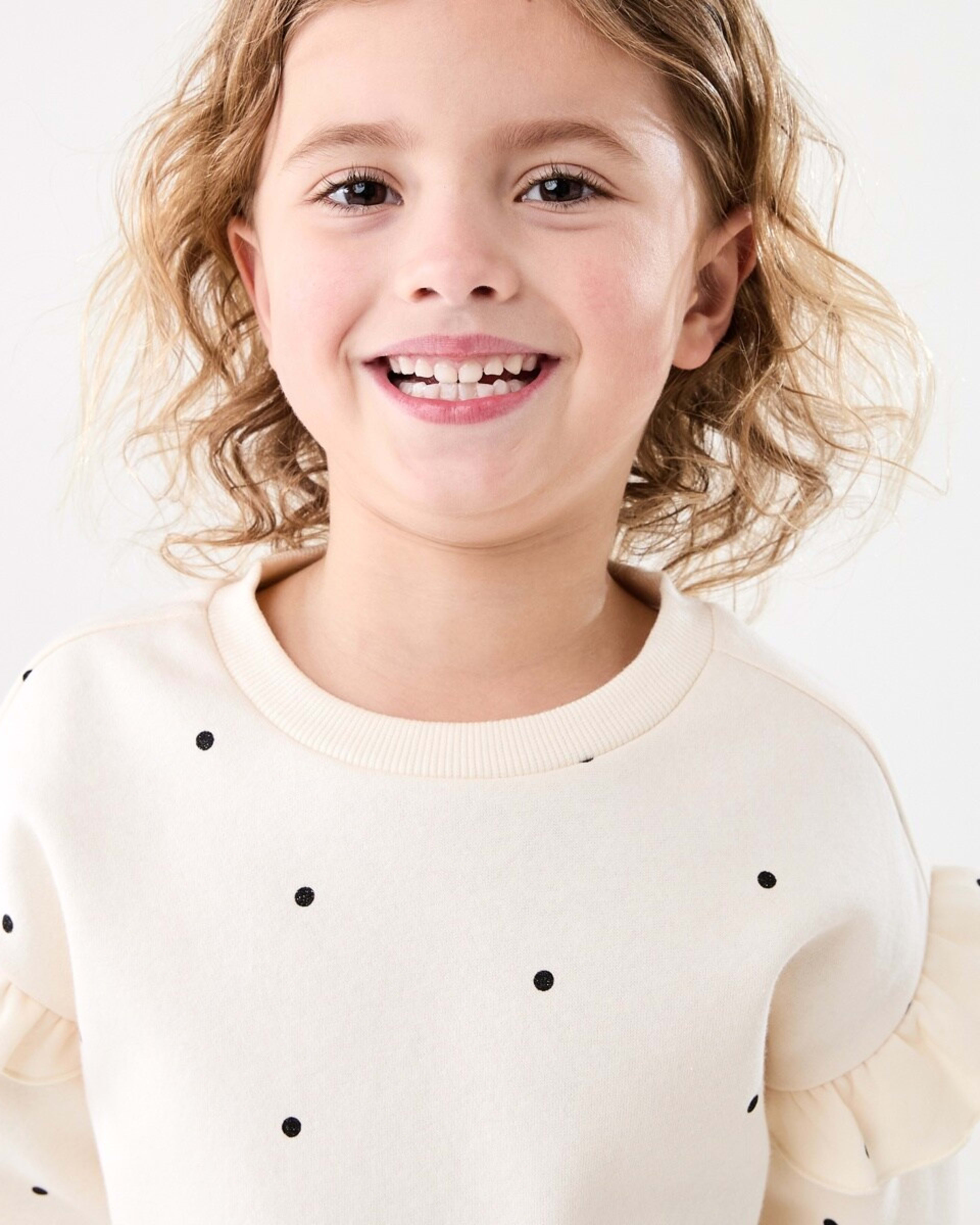 3 Frill Sleeve All Over Print Crew Neck Sweatshirt HAIL GLITTER SPOTS BUTTER BEIGE, 3 of 6