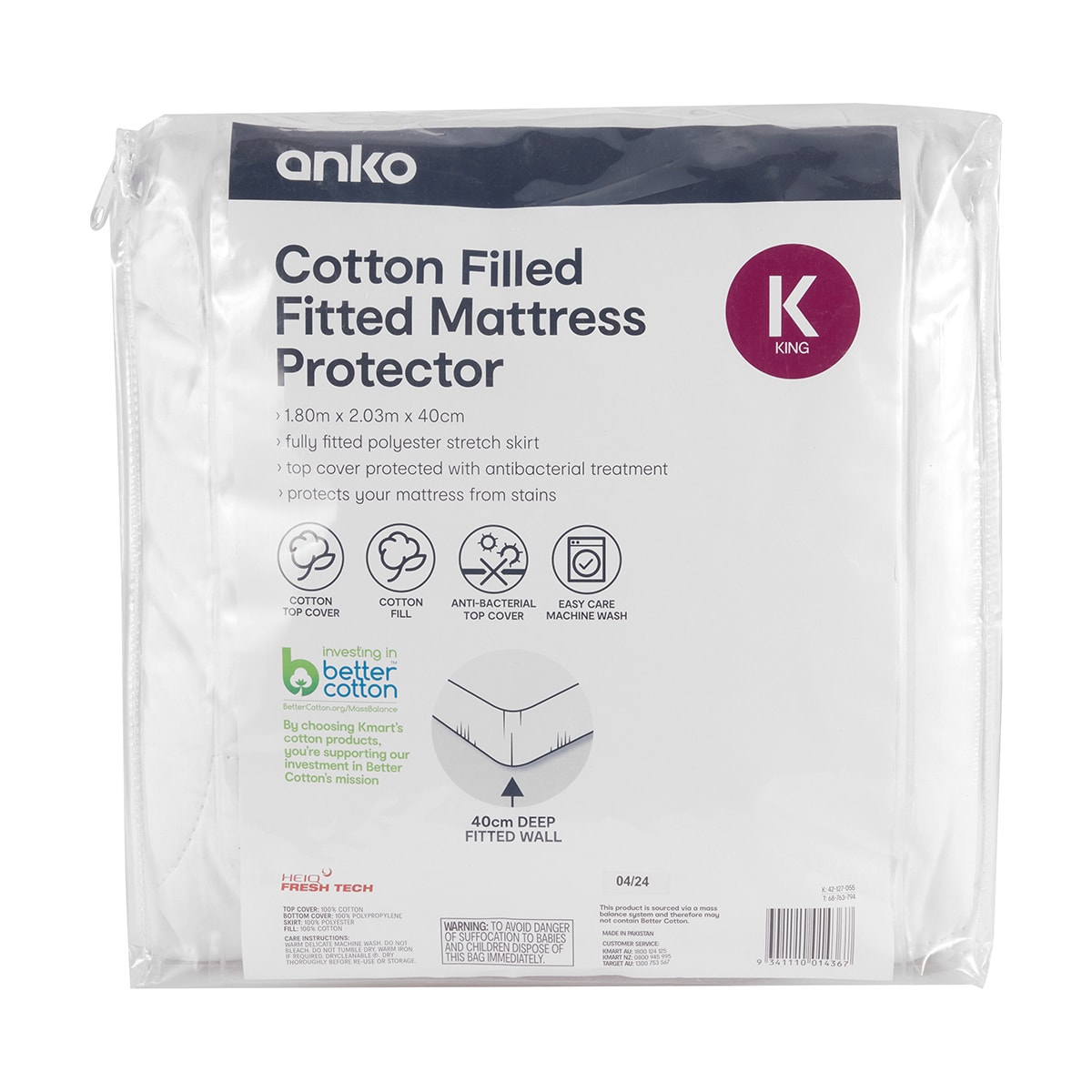 Cotton Filled Fitted Mattress Protector King Bed, White Kmart NZ