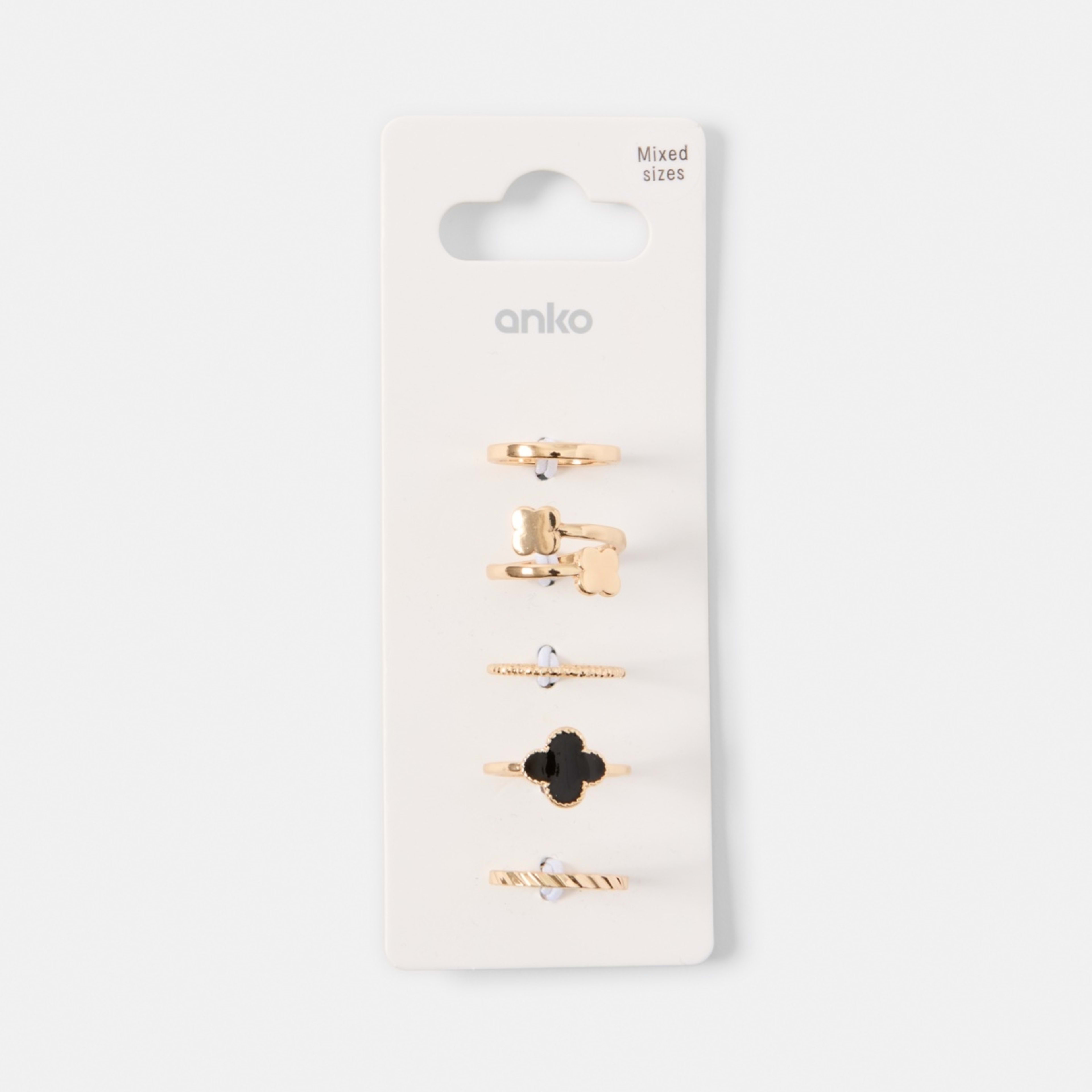 5 5 Pack Clover Rings - Gold Tone and Black, 5 of 5