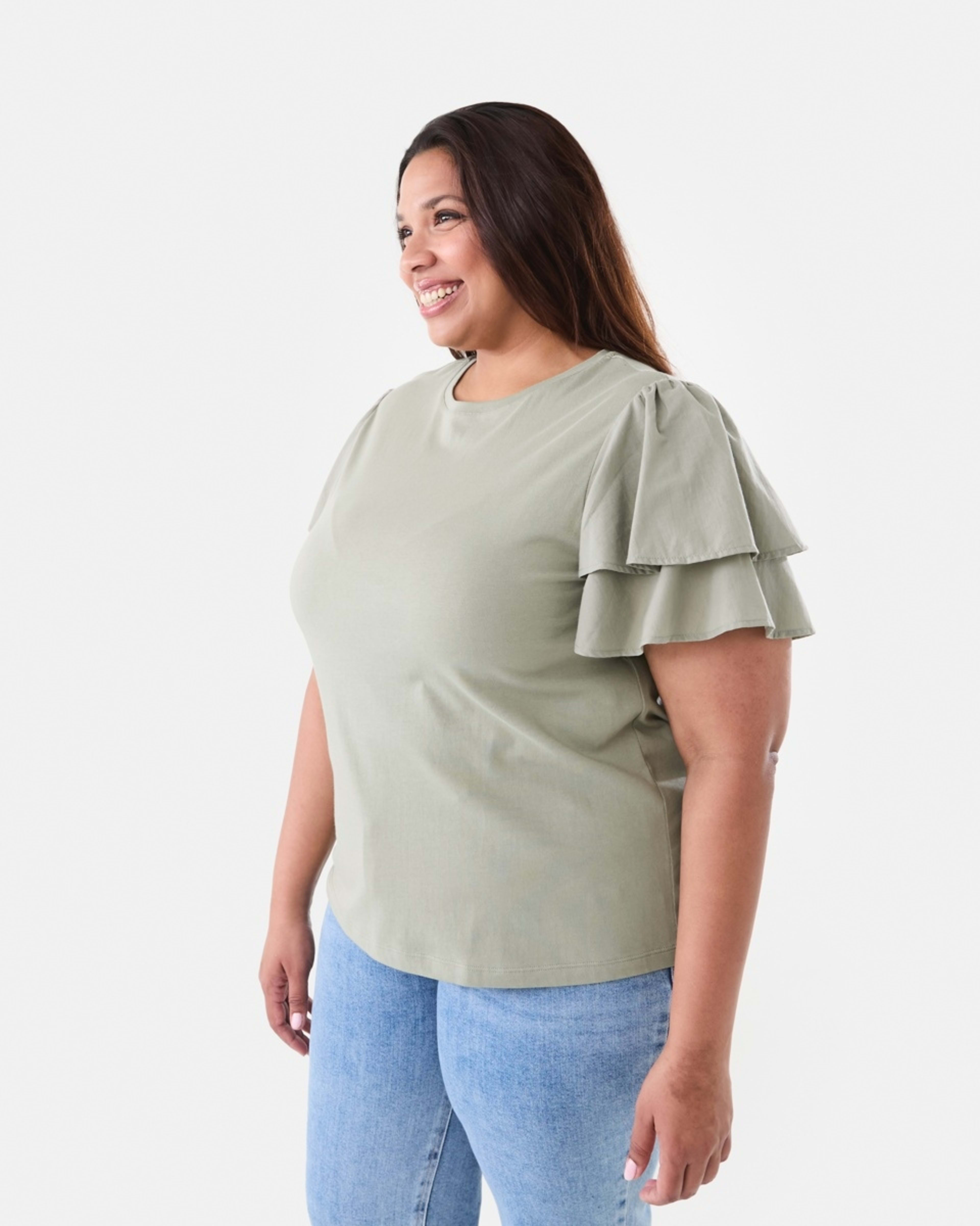 2 Curve Short Woven Sleeve Knit Top Soft Khaki, 2 of 6