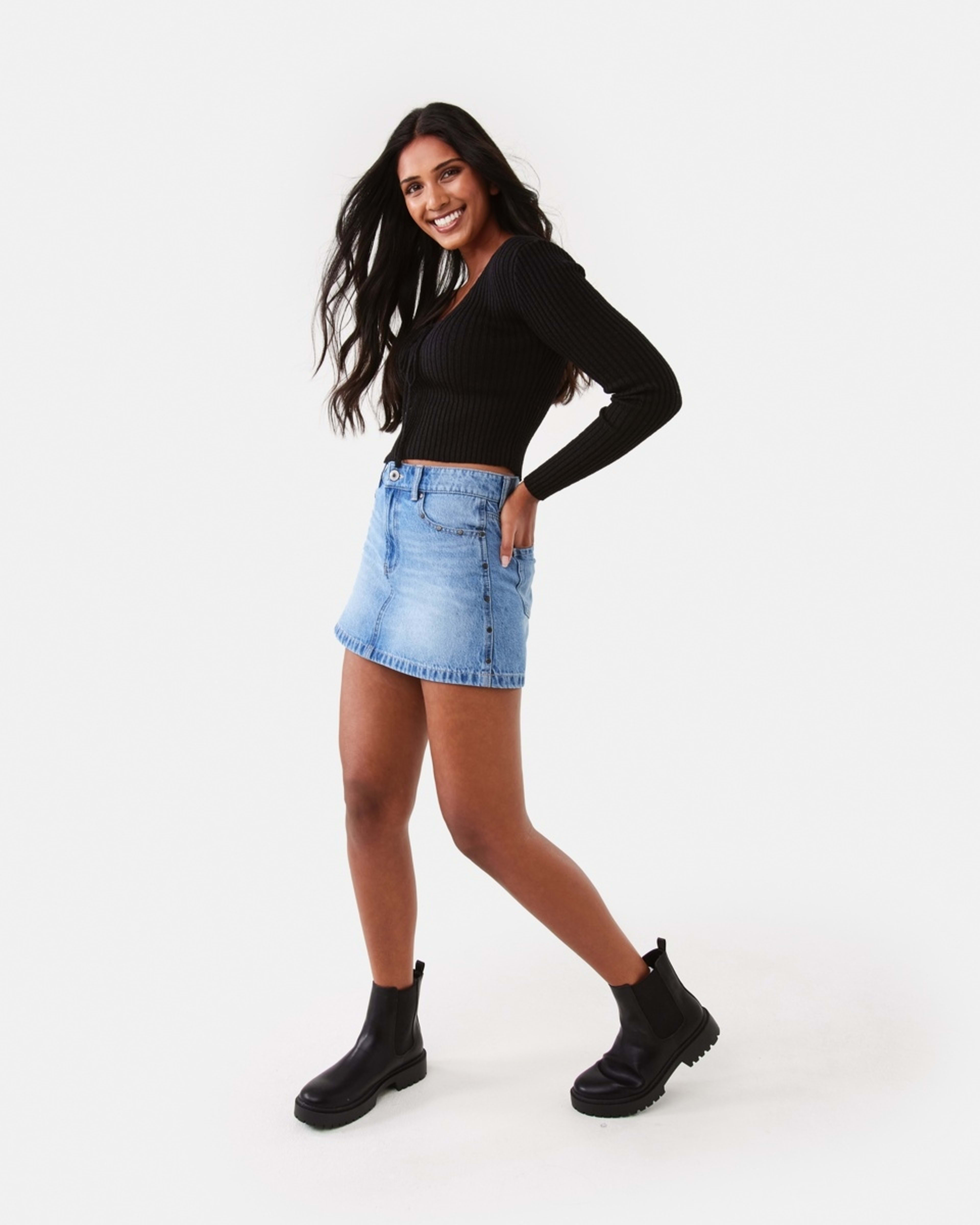 5 Studded Denim Mini Skirt Mid Wash, 5 of 9