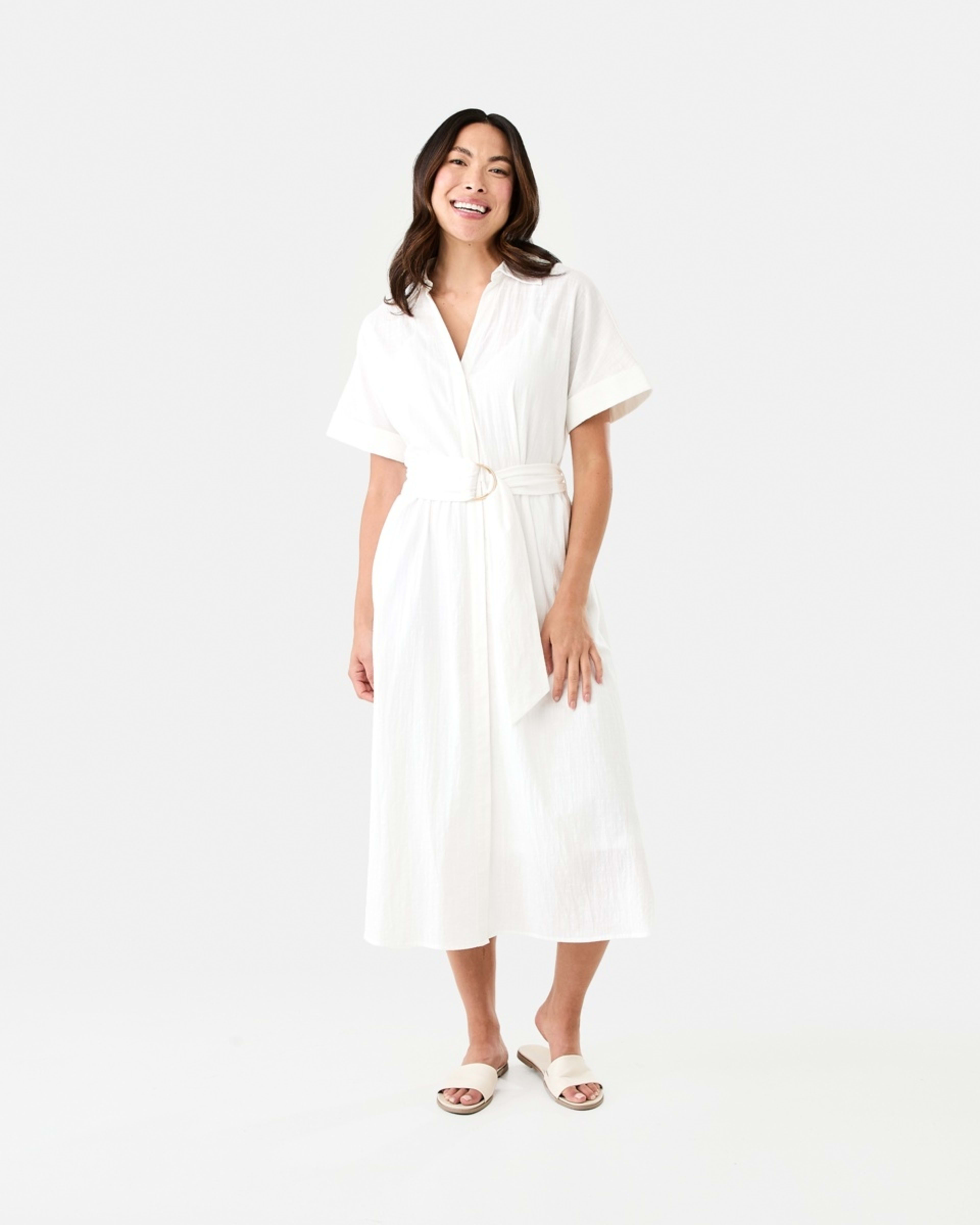 1 Short Sleeve Belted Midi Dress White