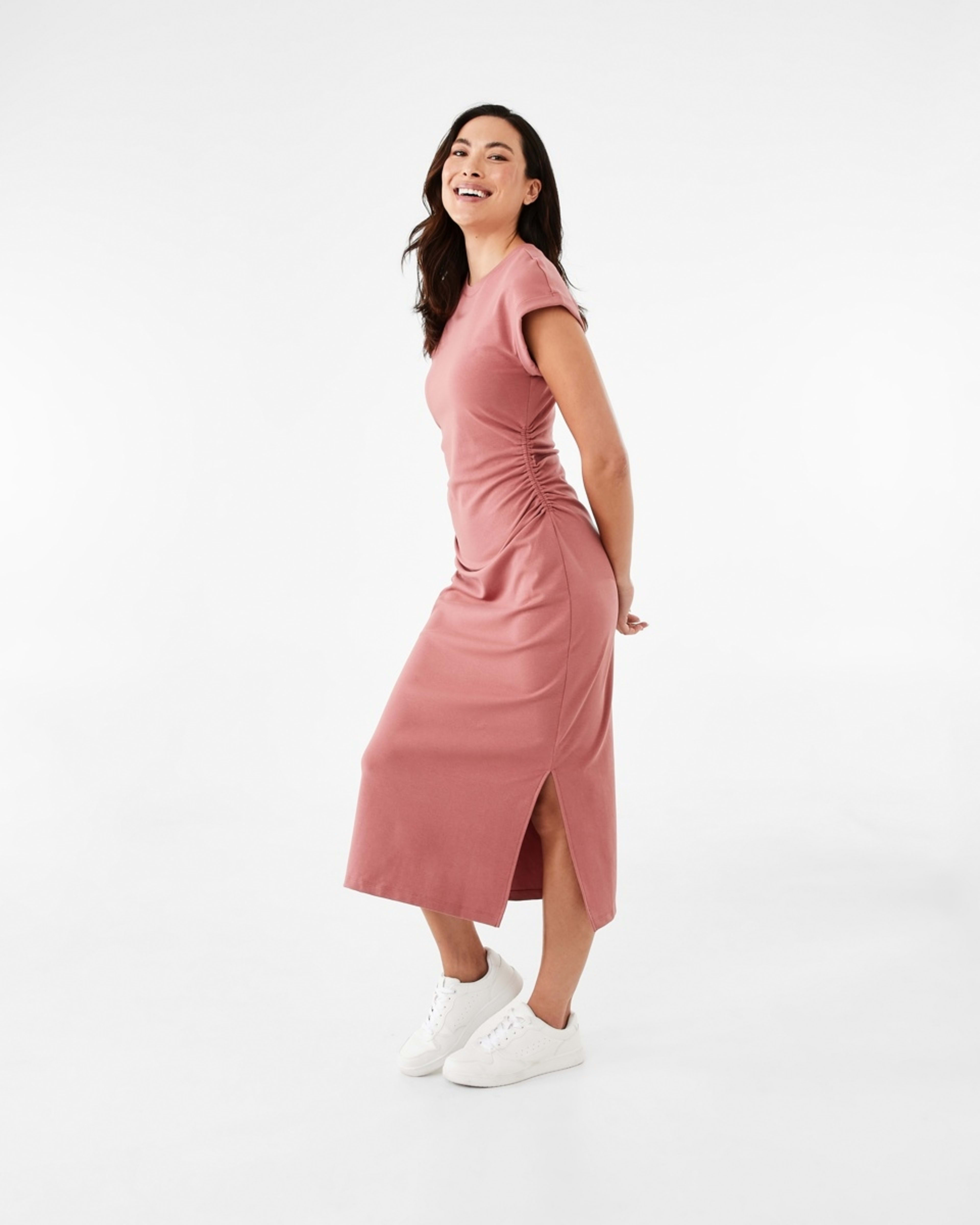 2 Short Sleeve Extended Ruched Midi Dress Soft Red, 2 of 7