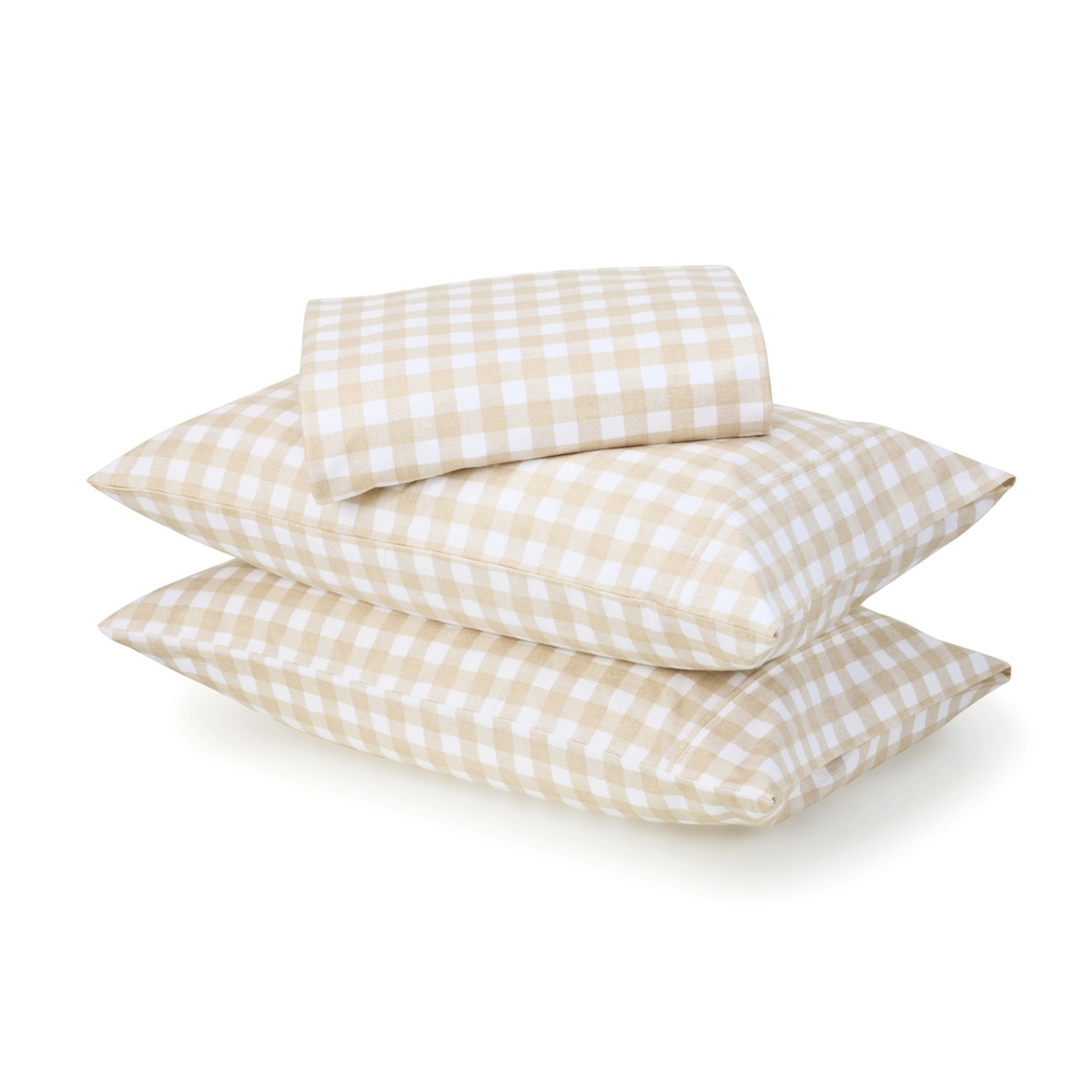 1 Gingham Cotton Flannelette Sheet Set - King Bed, Tan