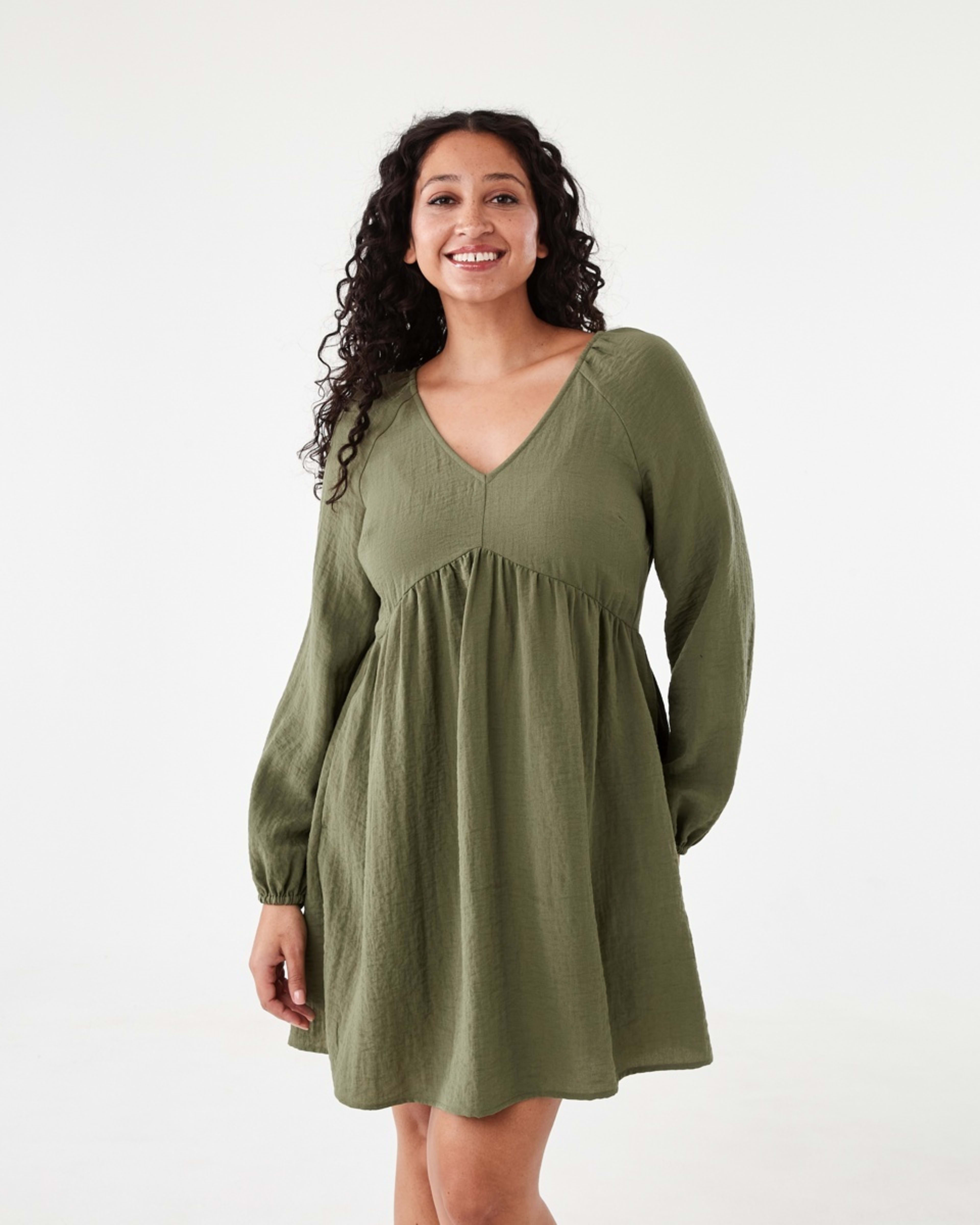 1 Long Sleeve Textured Smock Mini Dress Deep Olive