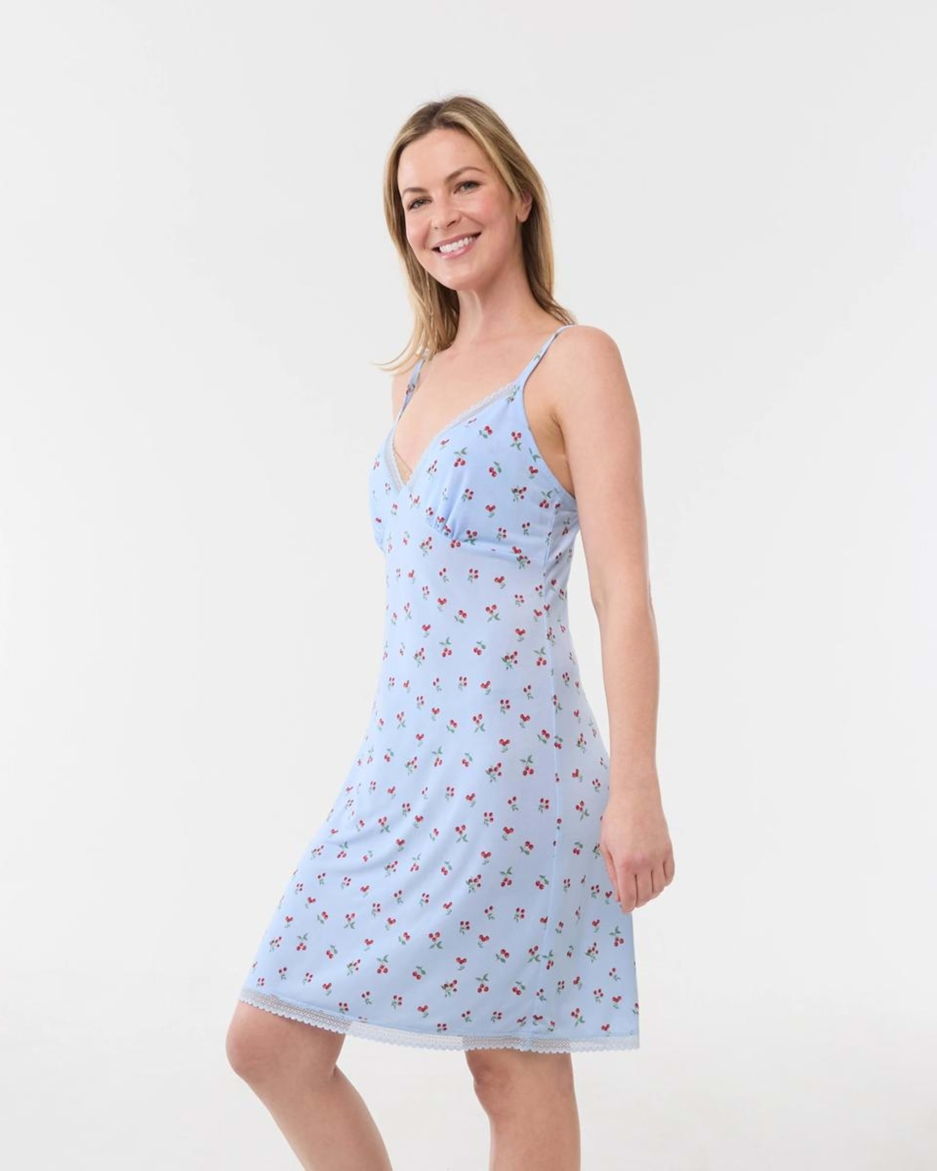 2 Printed Lace Trim Chemise CHERRIES WINDY BLUE, 2 of 5