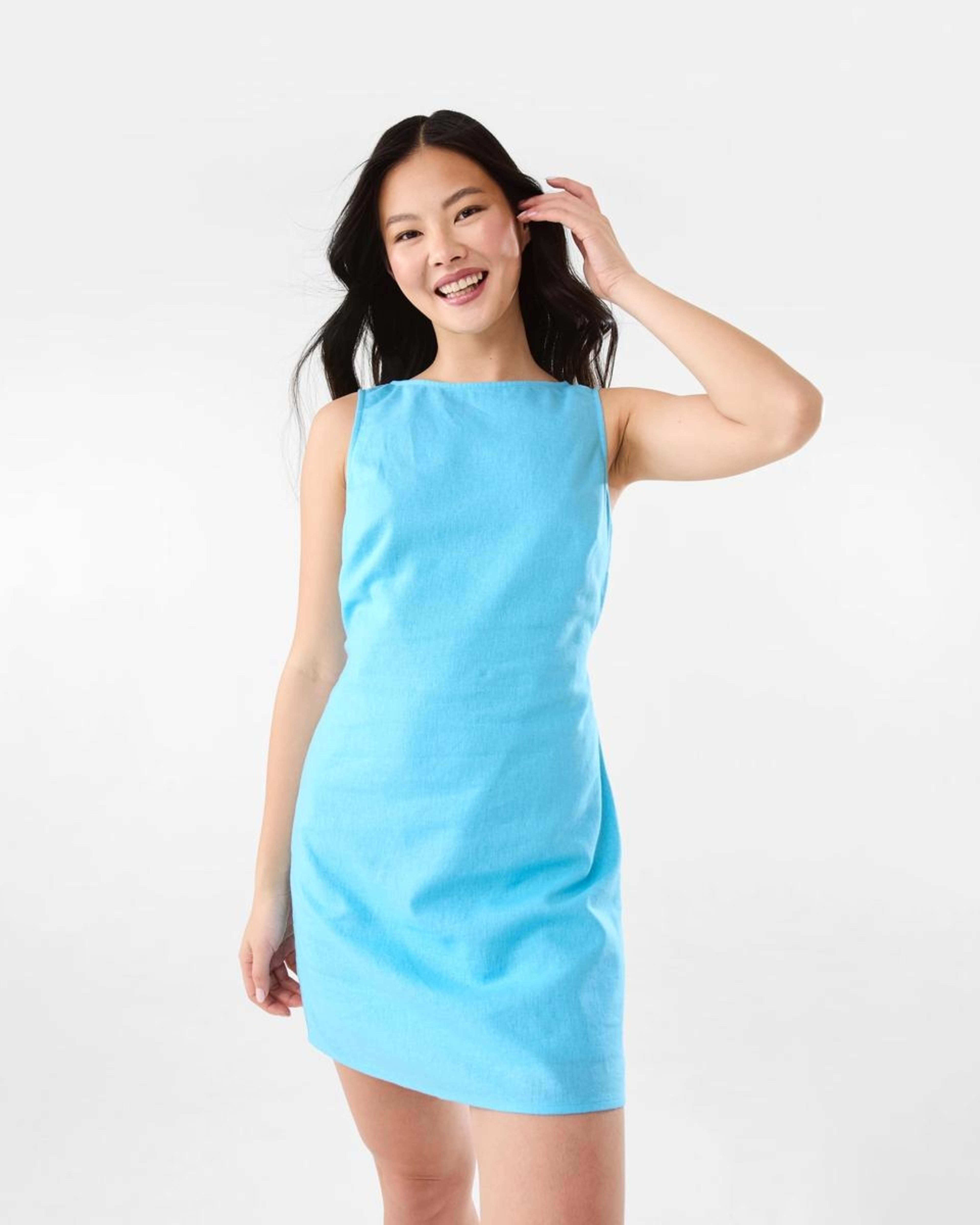 1 Sleeveless Boat Neck Linen Blend Mini Dress BLUE TOPAZ, 1 of 9