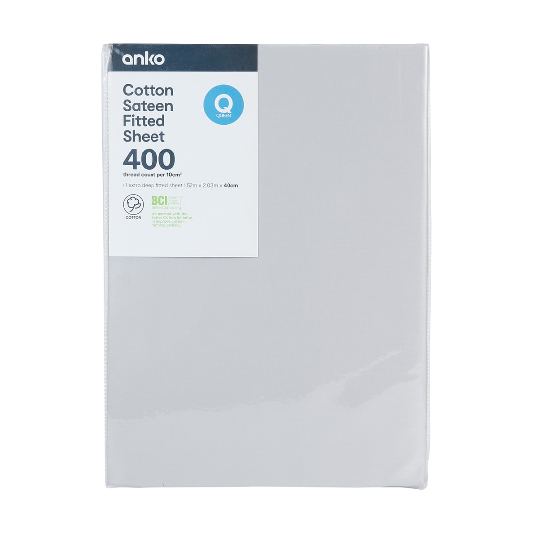 400 Thread Count Cotton Sateen Fitted Sheet Queen Bed, Silver Kmart