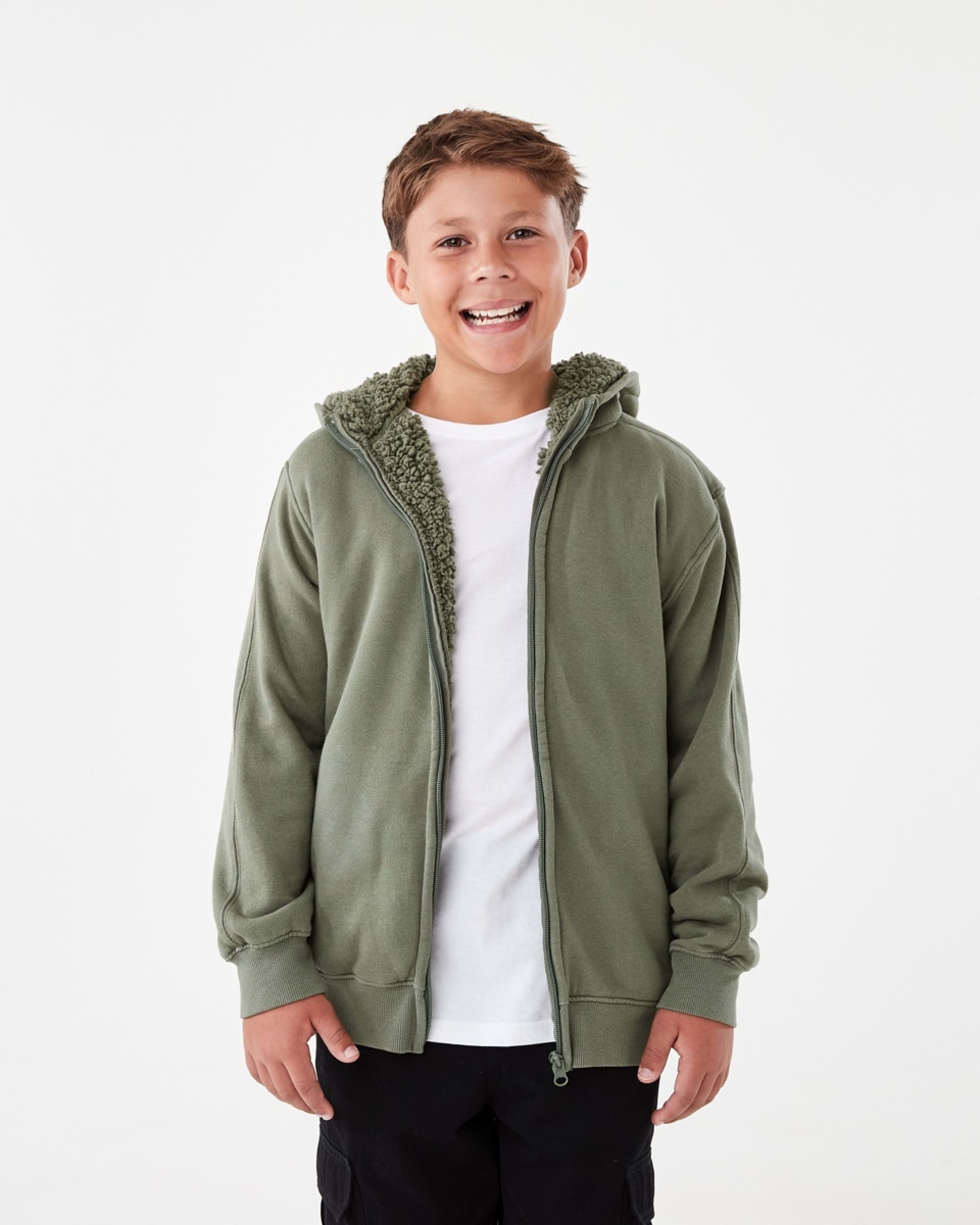 1 Sherpa Lined Zip Through Hoodie Grn 4 Leaf, 1 of 7