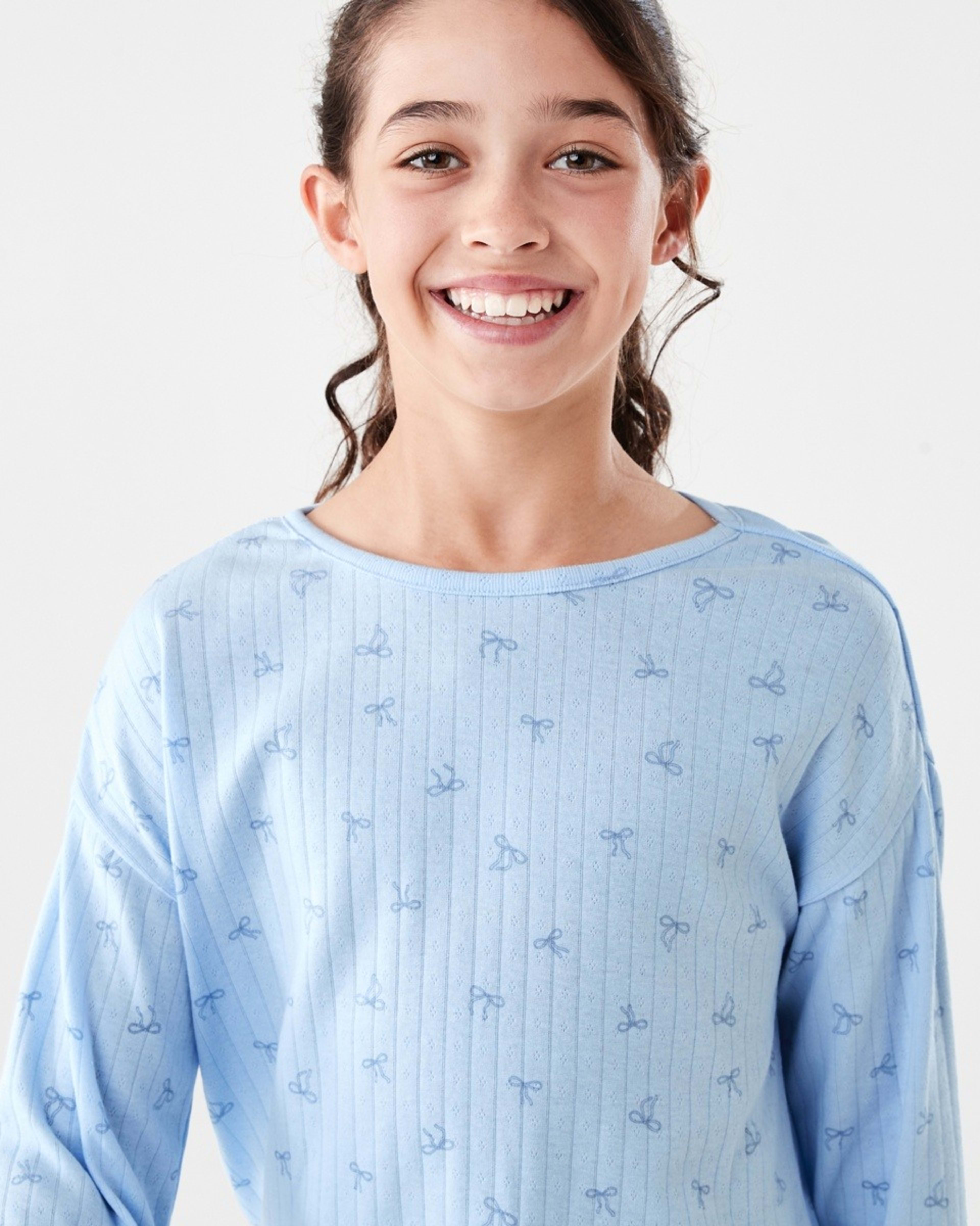 3 Long Sleeve Pointelle Pyjama Set Blu Bows, 3 of 9