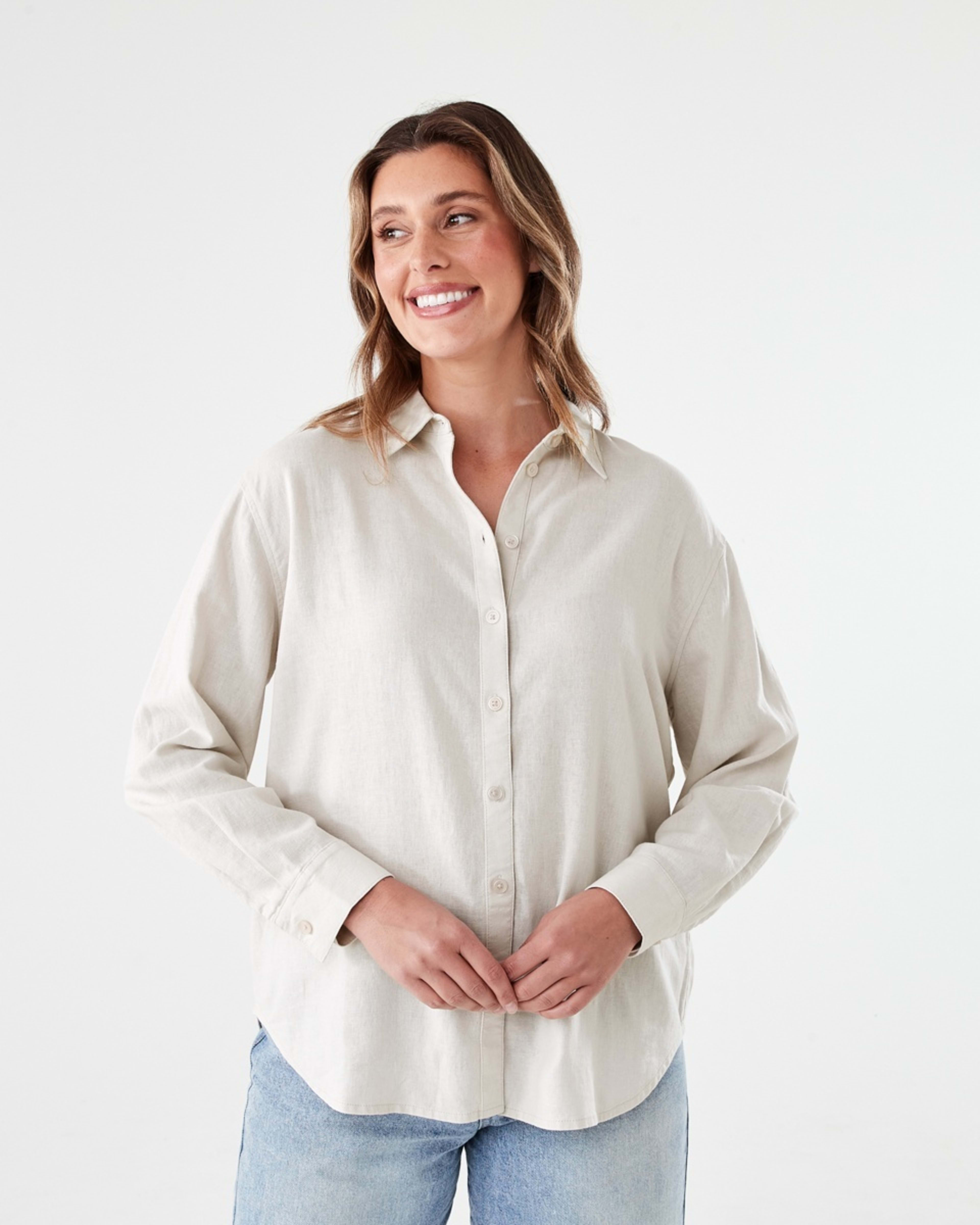 1 Long Sleeve Linen Blend Shirt NATURAL BEIGE