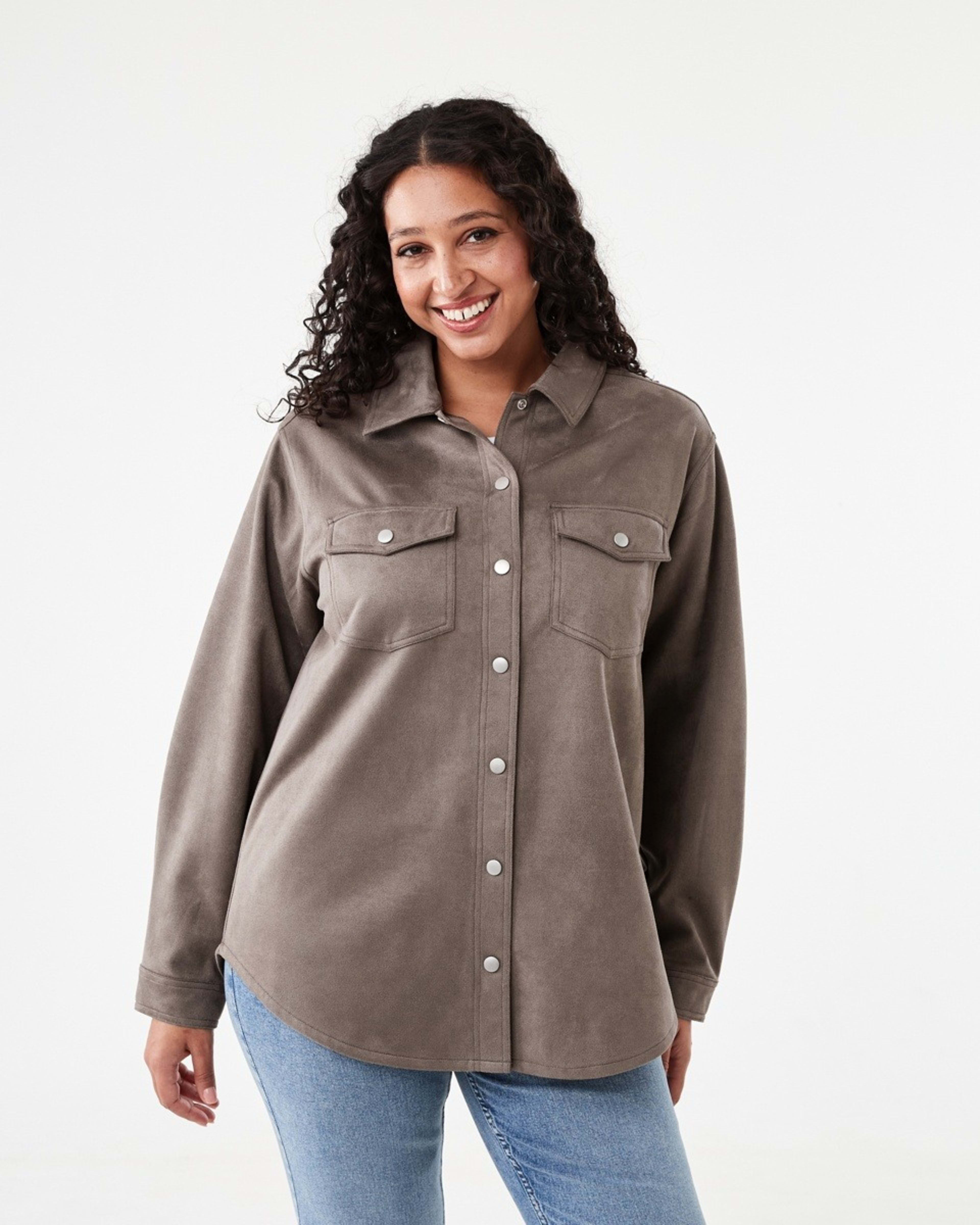 2 Long Sleeve Suedette Shirt Taupe Brn, 2 of 8
