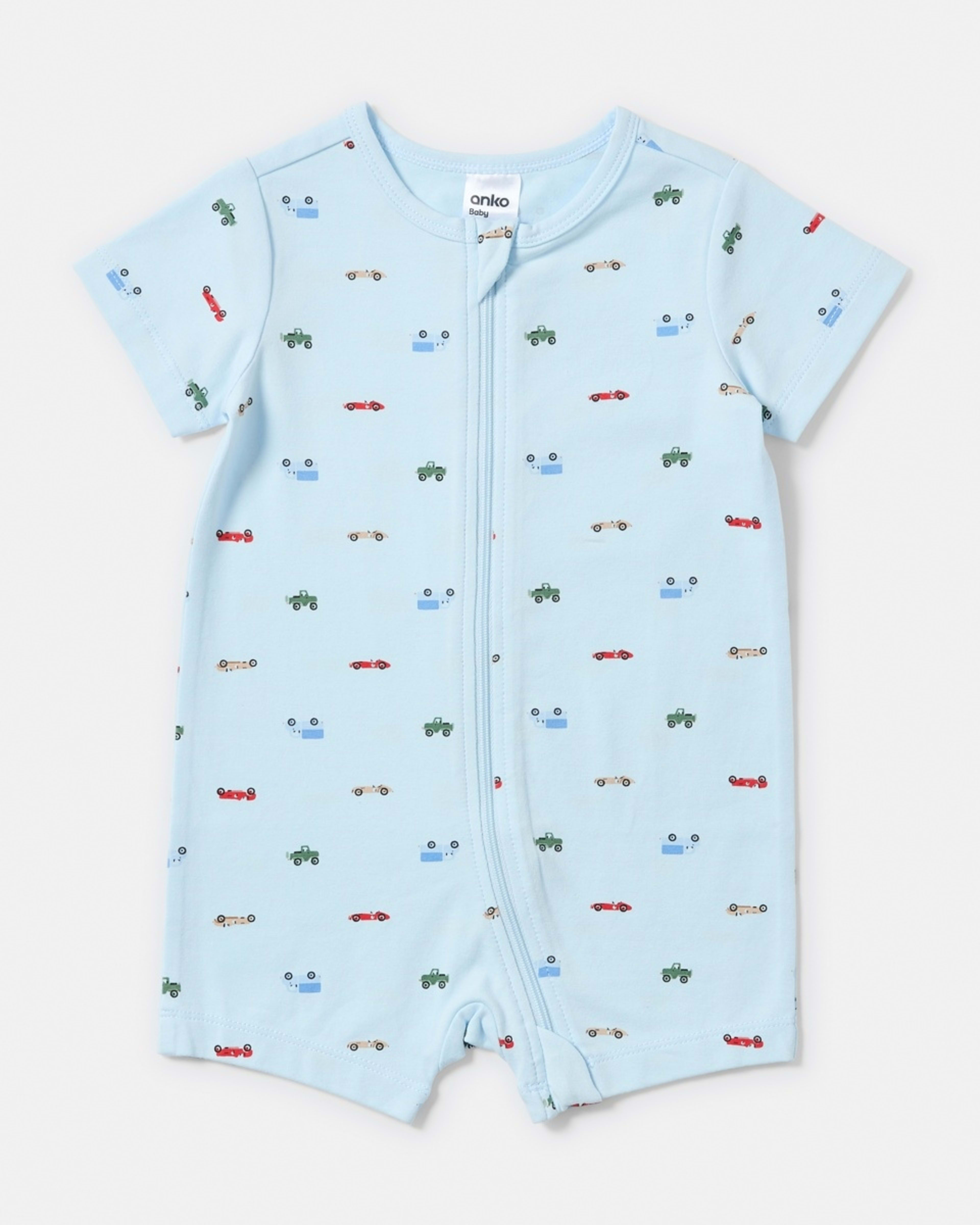 1 Short Sleeve Zip Romper BLUE VEHICLES