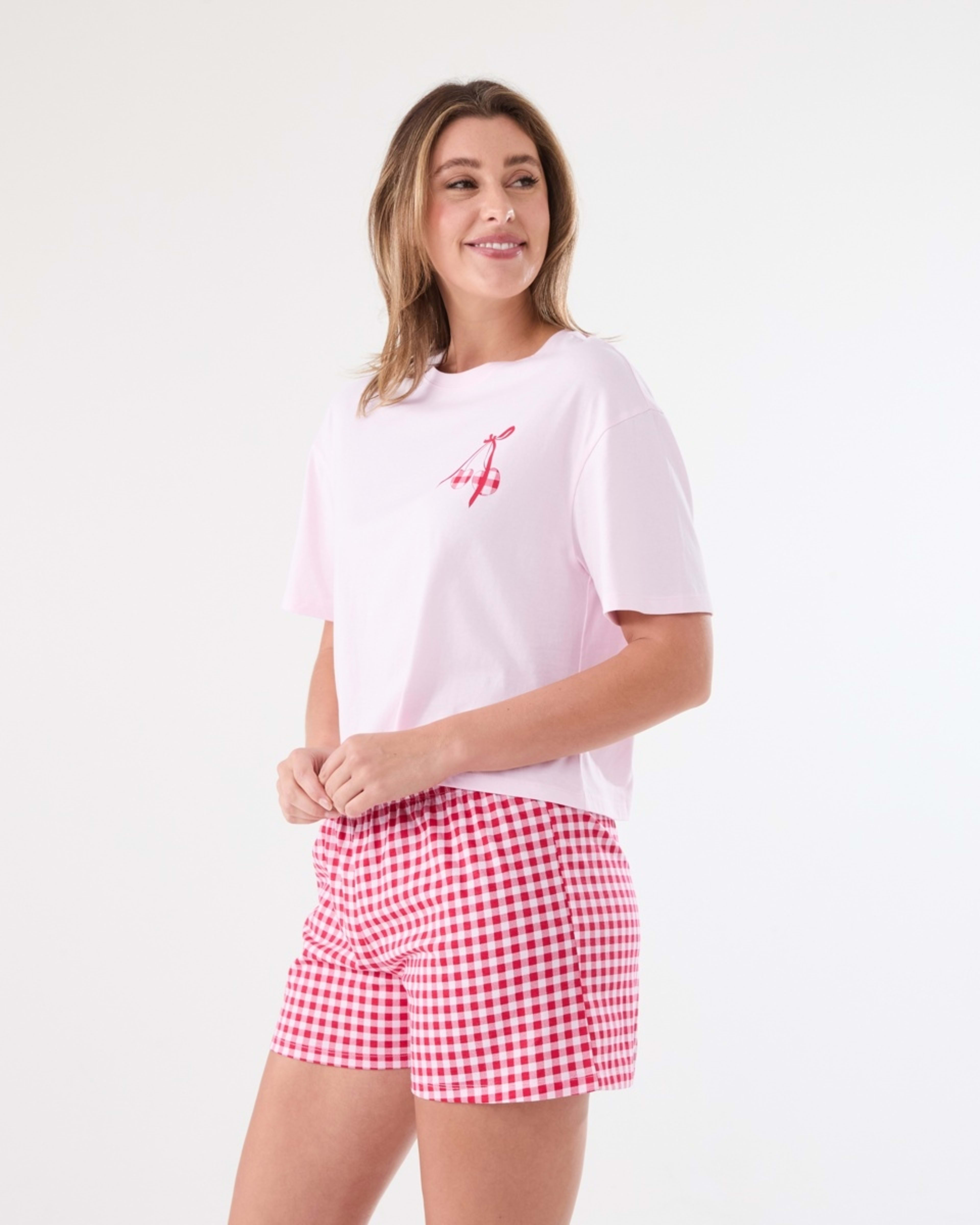 2 Knit T-shirt and Shorts Pyjama Set CHERRY GINGHAM CORDYLINE, 2 of 5