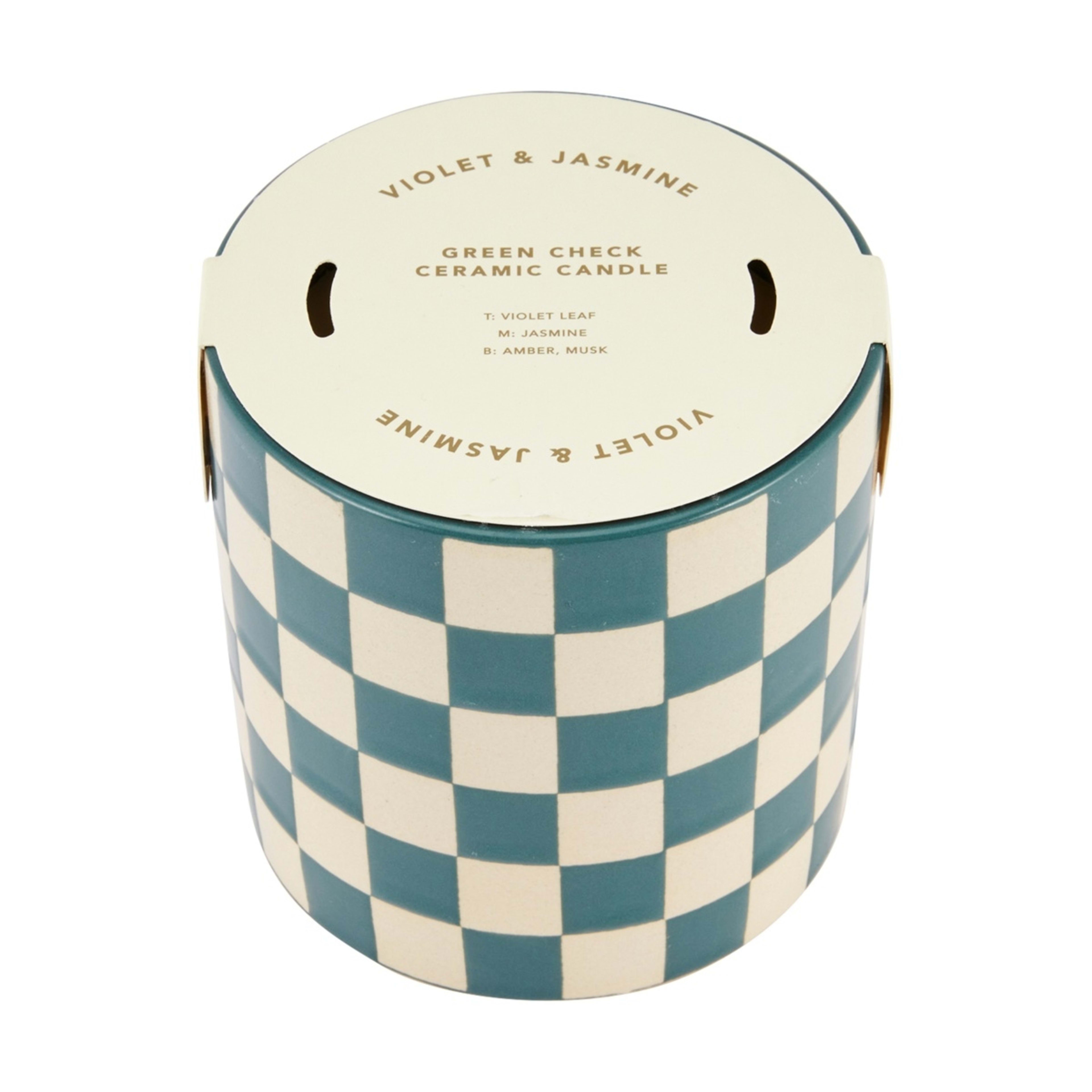 2 Violet and Jasmine Green Check Ceramic Candle, 2 of 5