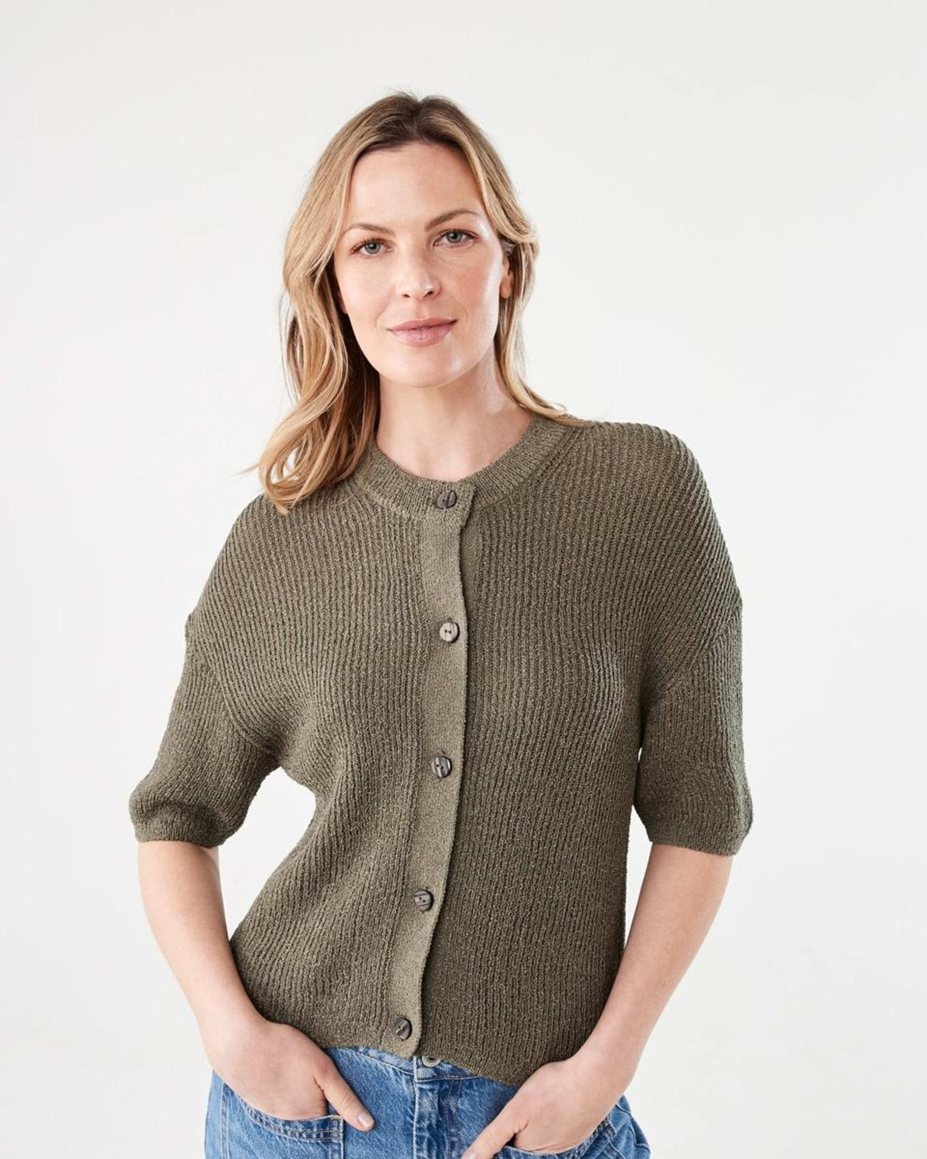 1 Short Sleeve Button Up Cardigan BURNT OLIVE, 1 of 5
