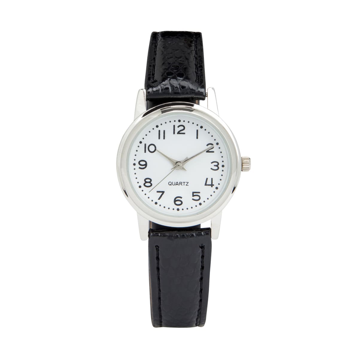Womens Classic Analogue Watch with Silver Case & Black Strap Kmart