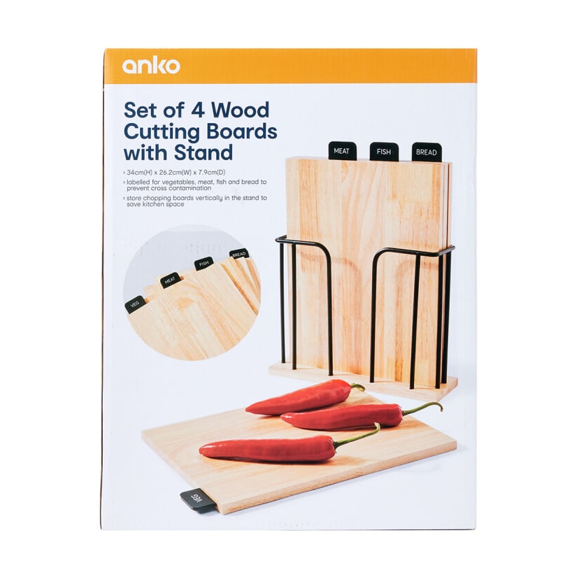 Set of 4 Wood Cutting Boards with Stand Kmart