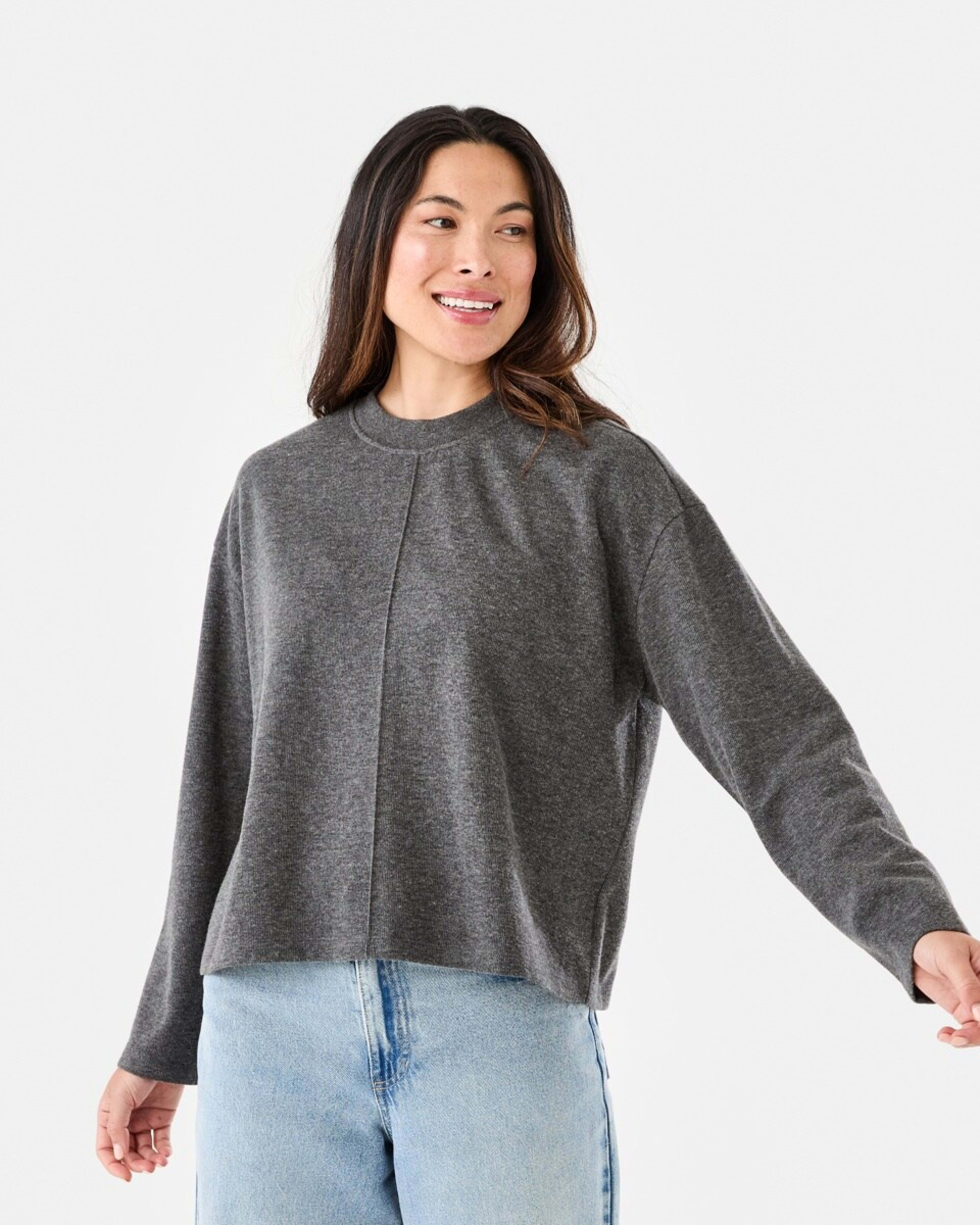 1 Long Sleeve Brushed Seam Detail Top Char Marle, 1 of 6