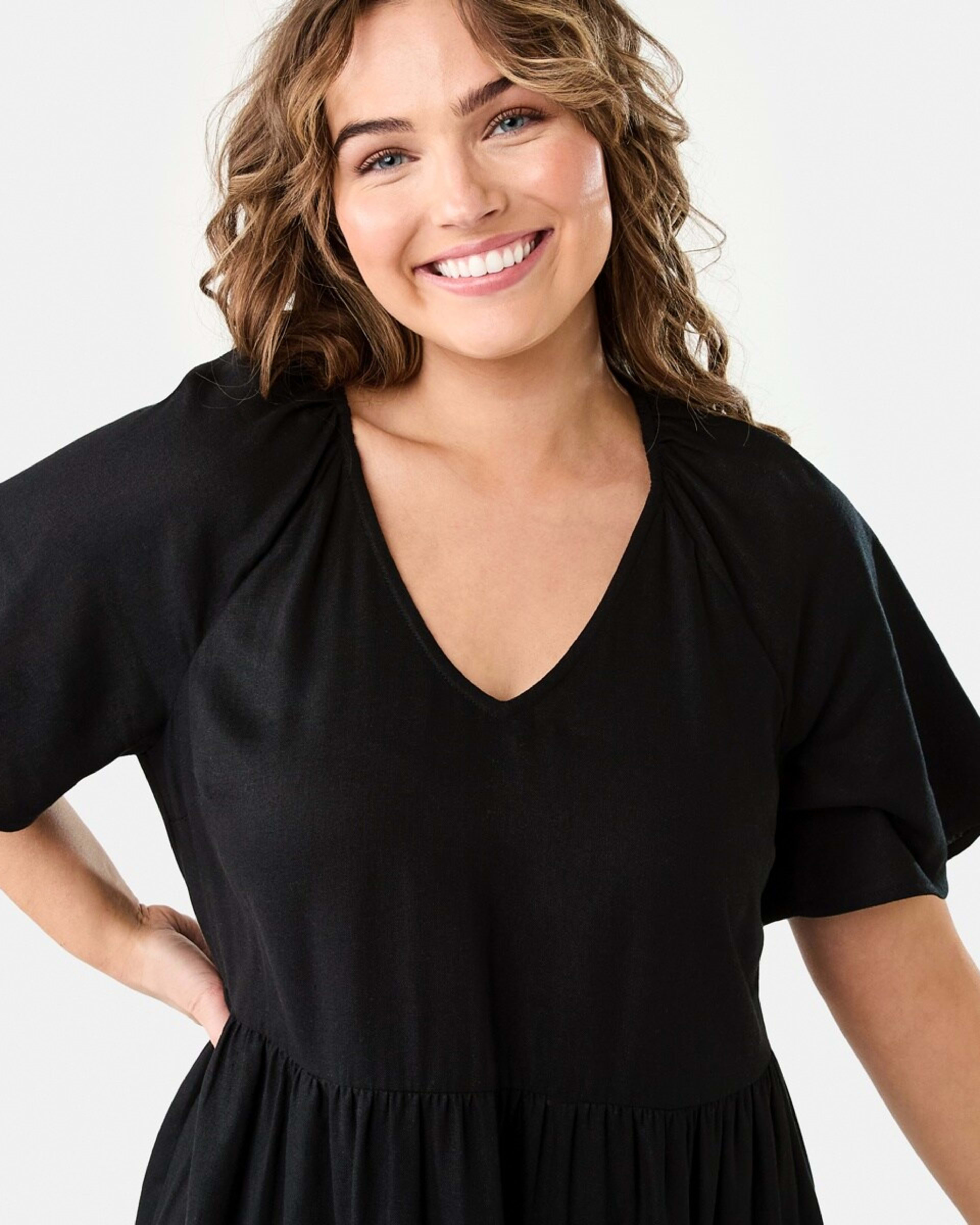 5 Short Sleeve Linen Blend Tiered Mini Dress BLACK, 5 of 9