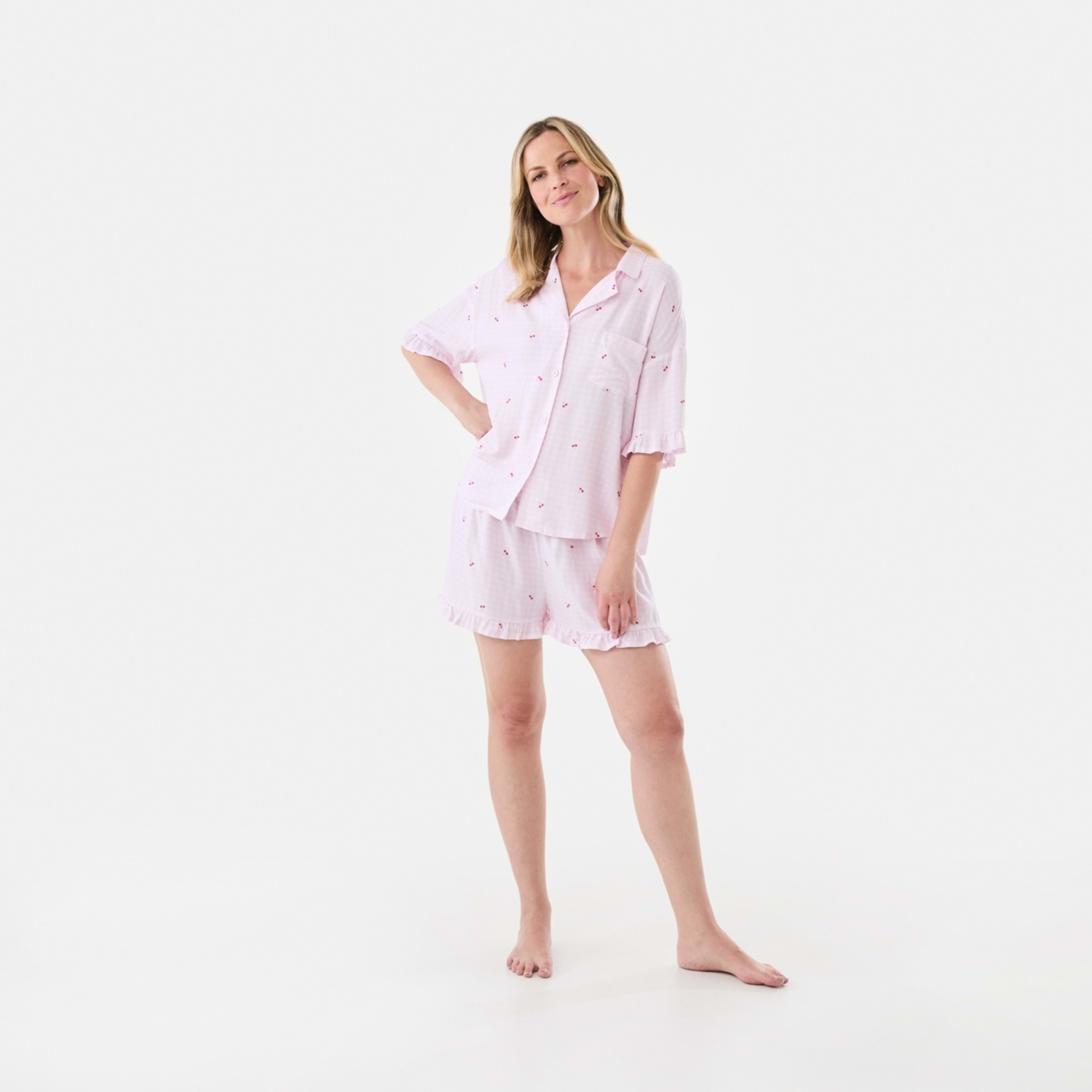 10 Woven Boxy Frill Short Sleeve Top and Shorts Pyjama Set Cherry Gingham Ballerina Pink, 10 of 10