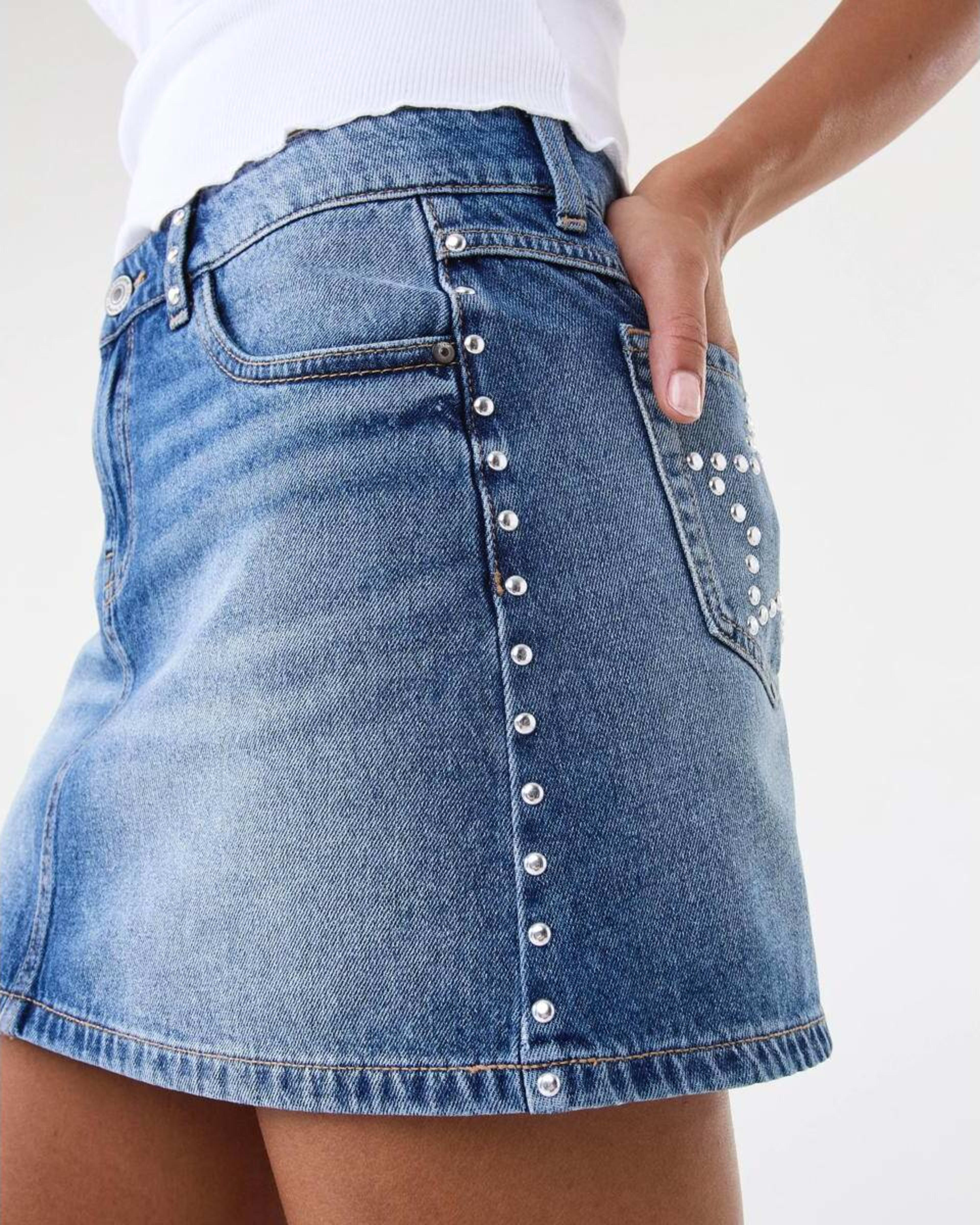 9 Star Studded Denim Mini Skirt Mid Wash, 9 of 9