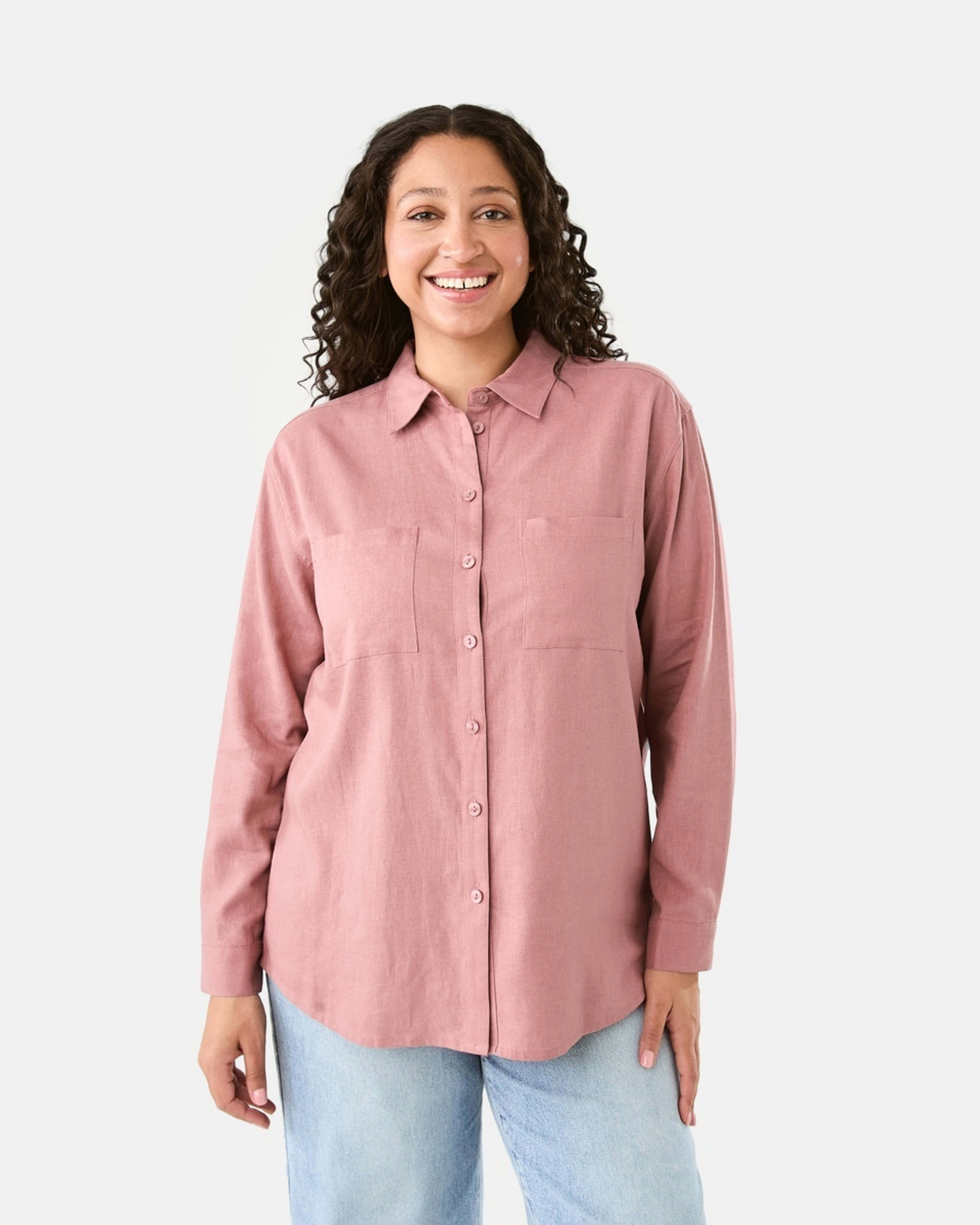 1 Long Sleeve Linen Blend Shirt Soft Red
