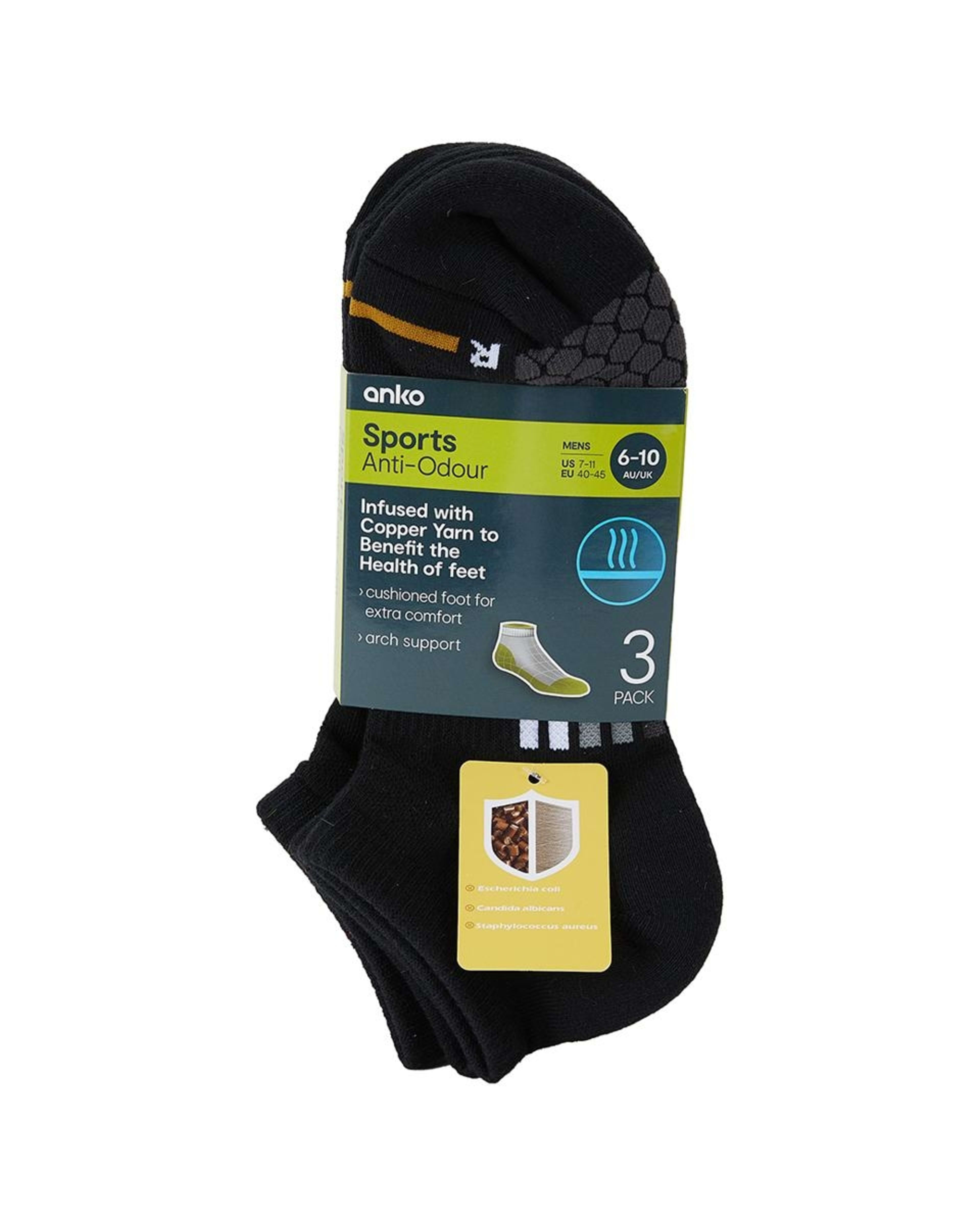 3 3 Pack Anti Odour Sport Low Cut Socks BLACK, 3 of 3