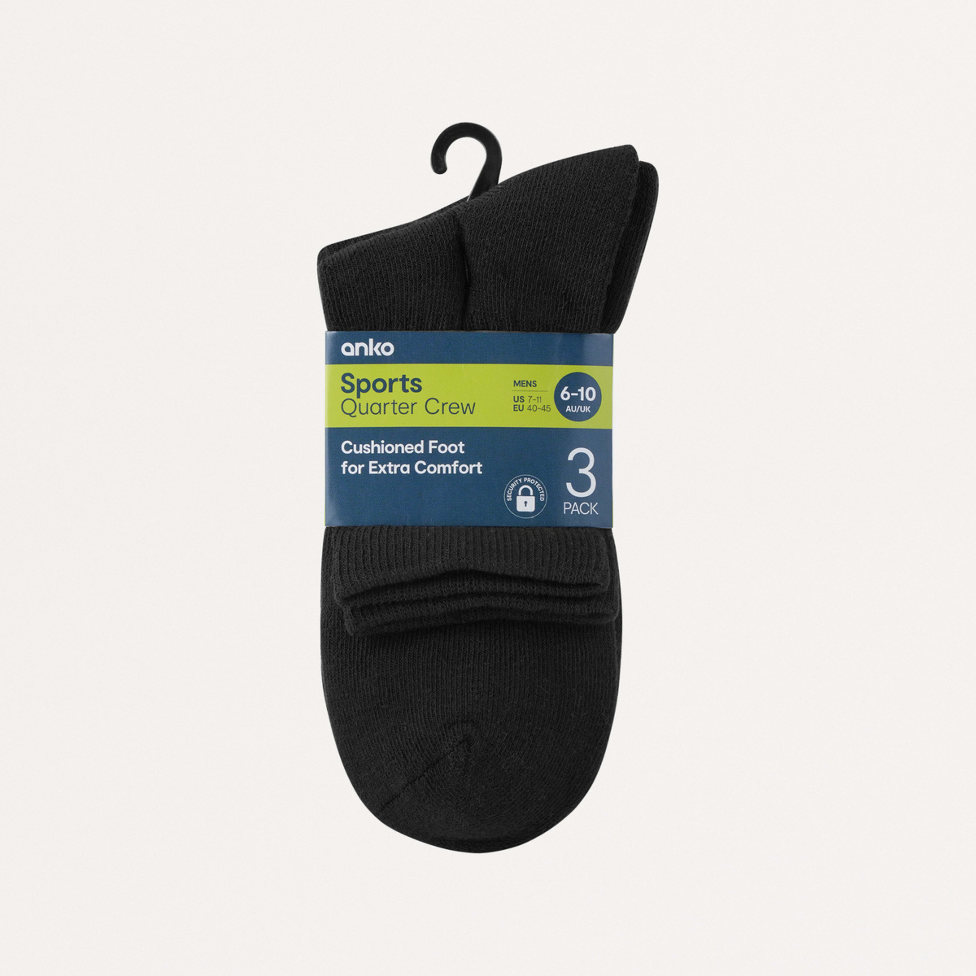 3 3 Pack Active Mens Quarter Crew Sports Socks Black, 3 of 3